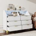 6 Drawer Dresser for Bedroom with Charging Station and LED Lights, Modern Double Dresser, Large Chest of Drawers with Open Space, LED Storage Cabinet for Living Room (White-Gold)