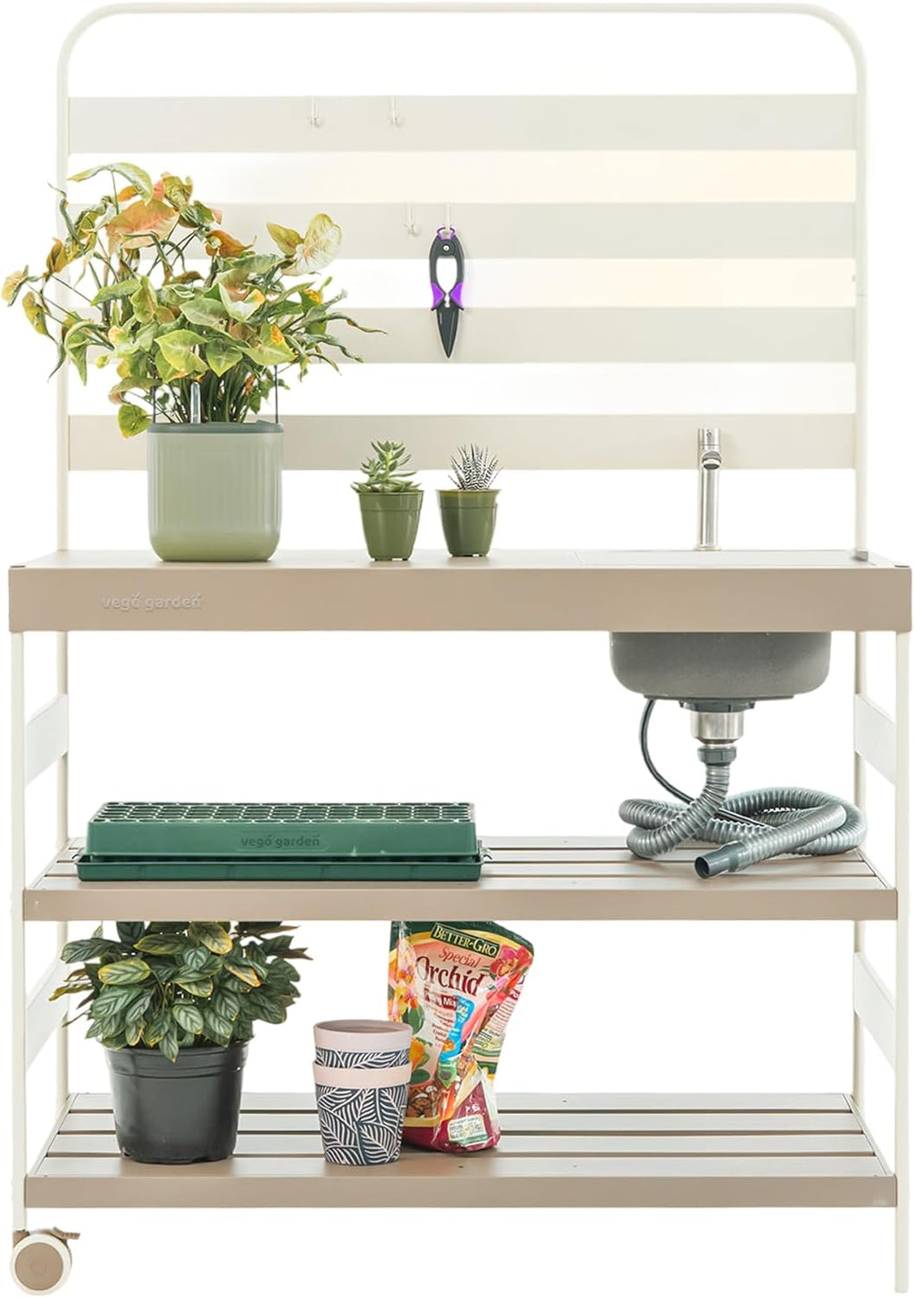Vego Garden Metal Garden Sink Station with Removable Sink and Lid for Outdoor, Garden Workstation with Large Steel Tabletop & Wheels