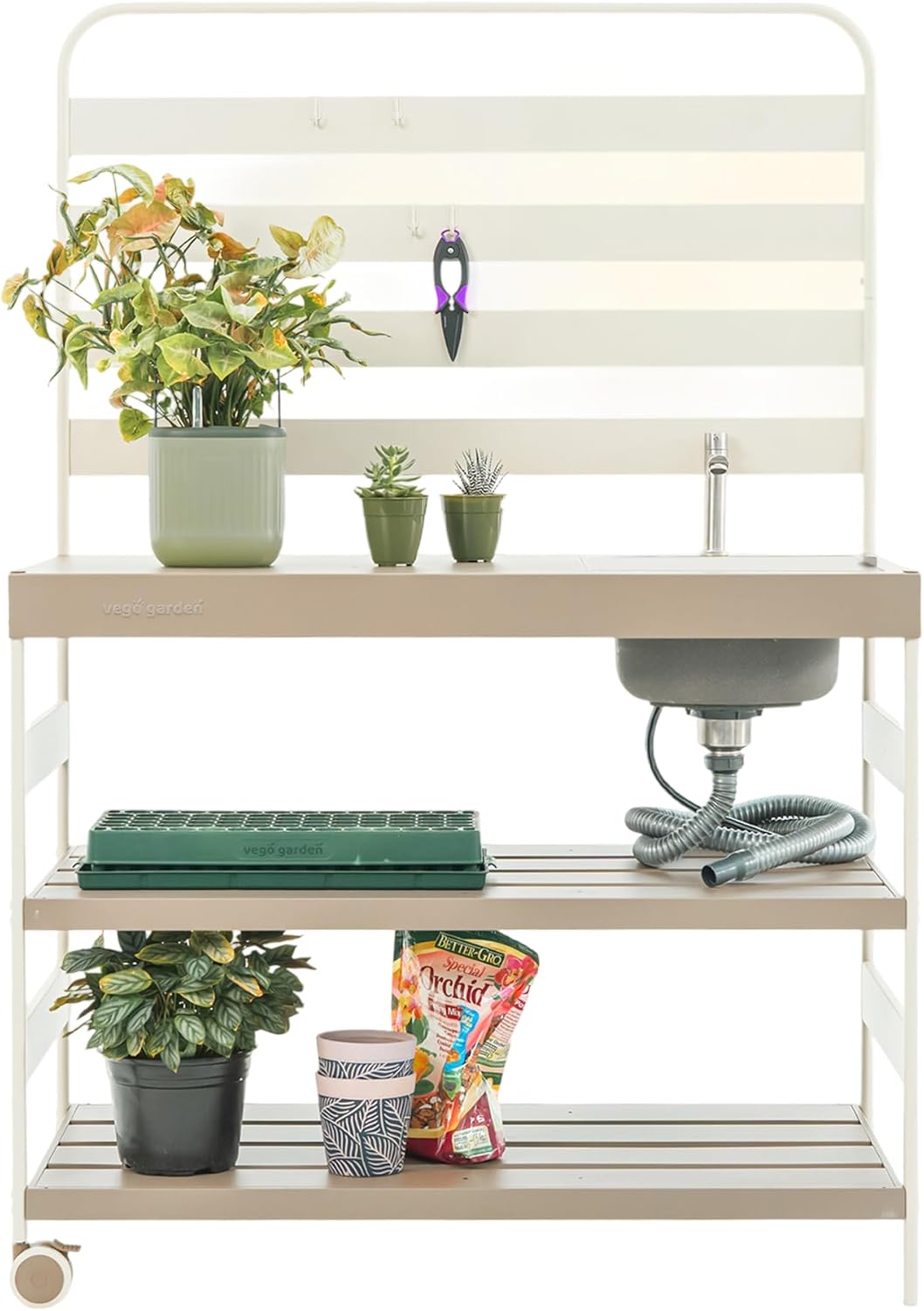 Vego Garden Metal Garden Sink Station with Removable Sink and Lid for Outdoor, Garden Workstation with Large Steel Tabletop & Wheels