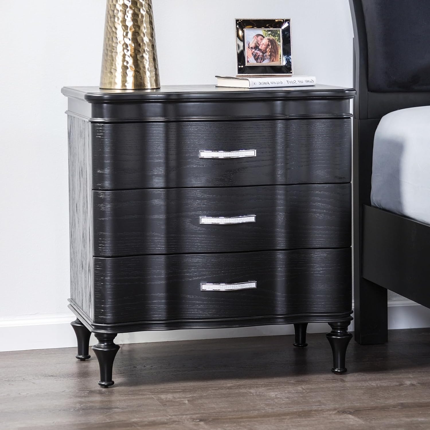 Lovely Bedroom 3pc Set King Size Bed 2X Nightstands Black Fabric Padded HB Wood Legs