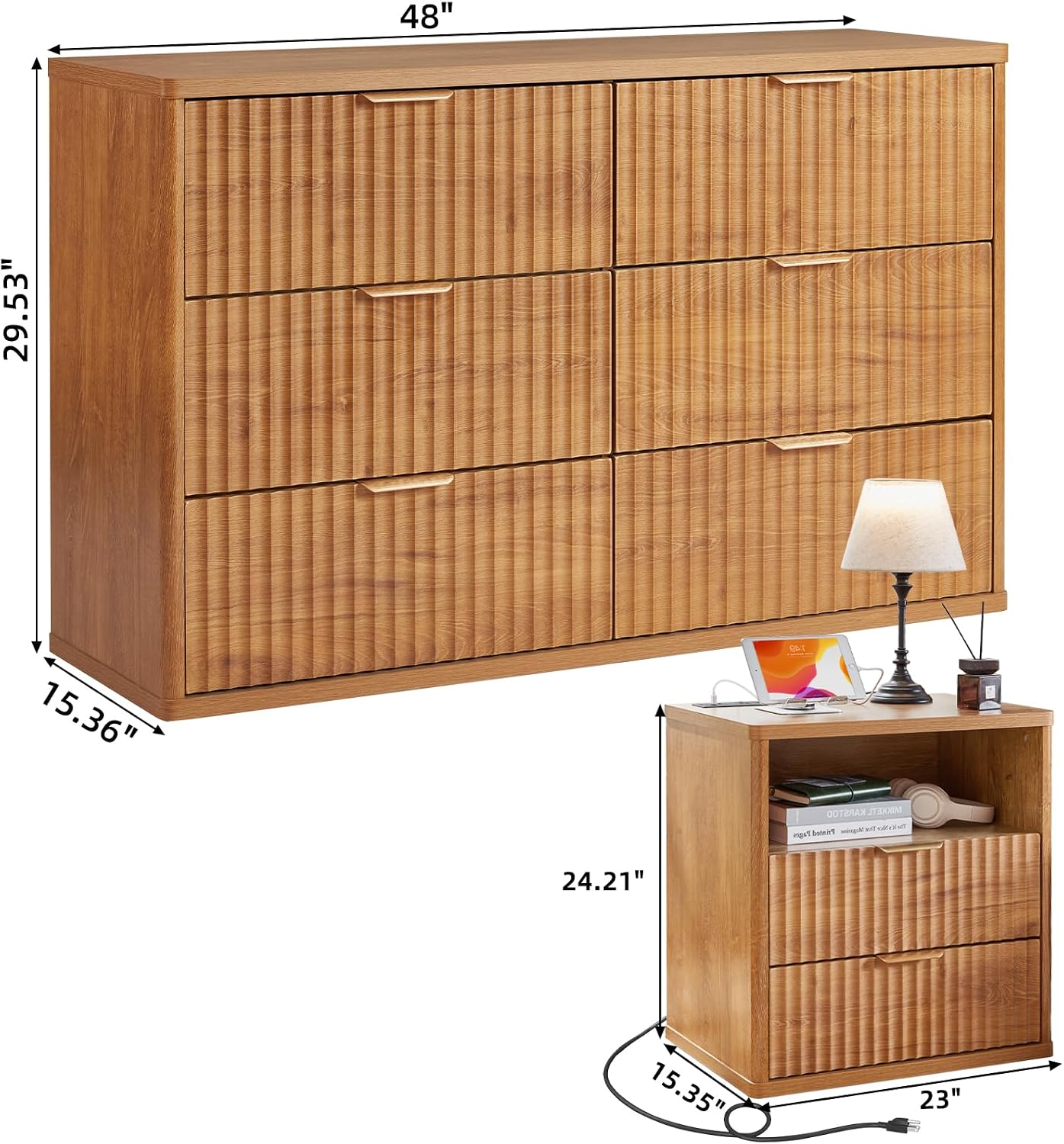 LEYAOYAO Fluted Dresser and Nightstand Sets, Wood 48' Wide Dresser & 23' Night Stand with Charging Station, 2 Piece Bedroom Furniture Set, Chest of Drawers for Bedroom, Home, Living Room,Brown
