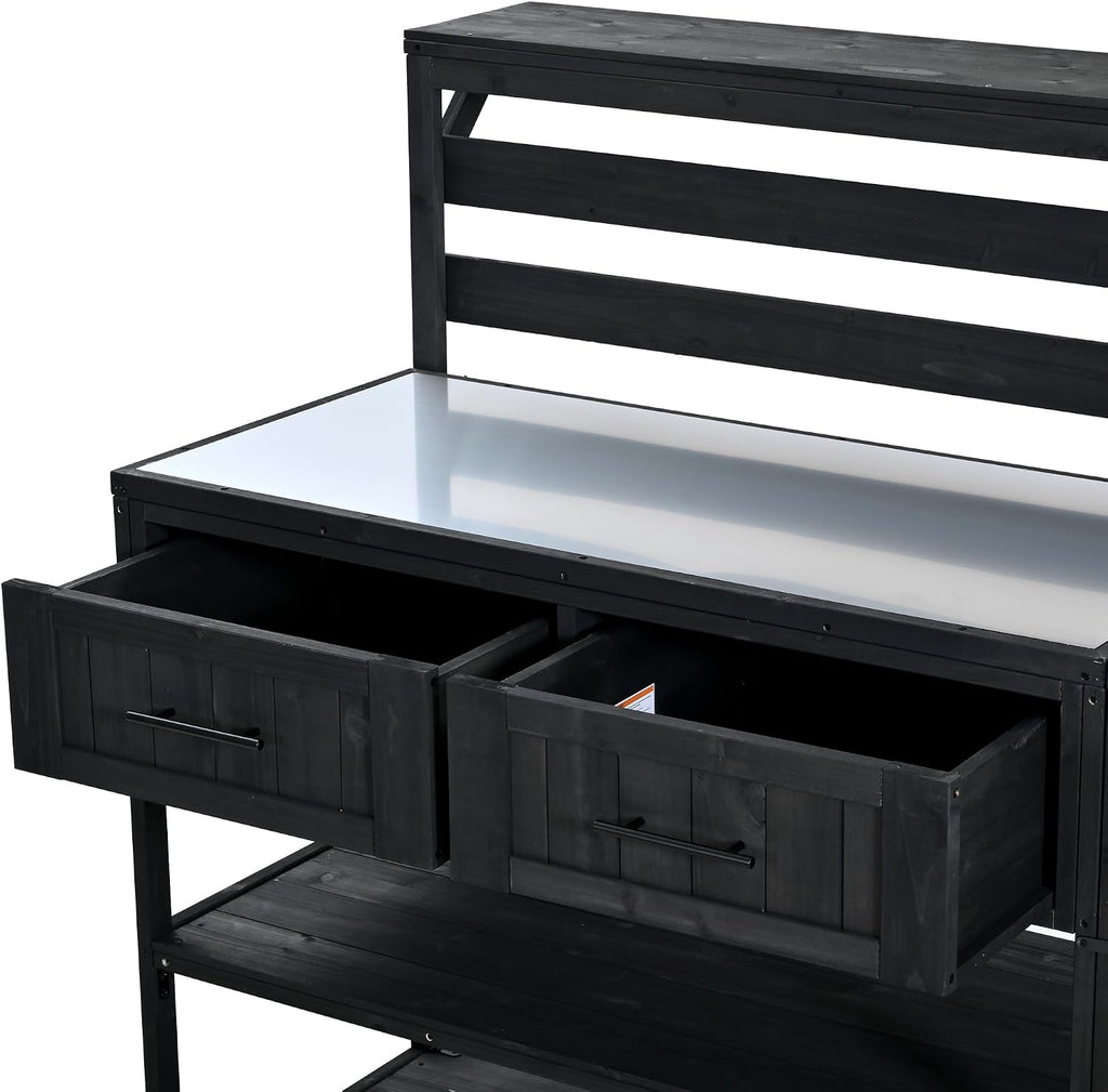 Merax 62.3' W Outdoor Kitchen Island with Stainless Steel Top, Rolling Grill Cart with Lockable Wheels, Garden Potting Bench with Raised Shelf and Drawers, Grill Prep Table for BBQ, Party, Black