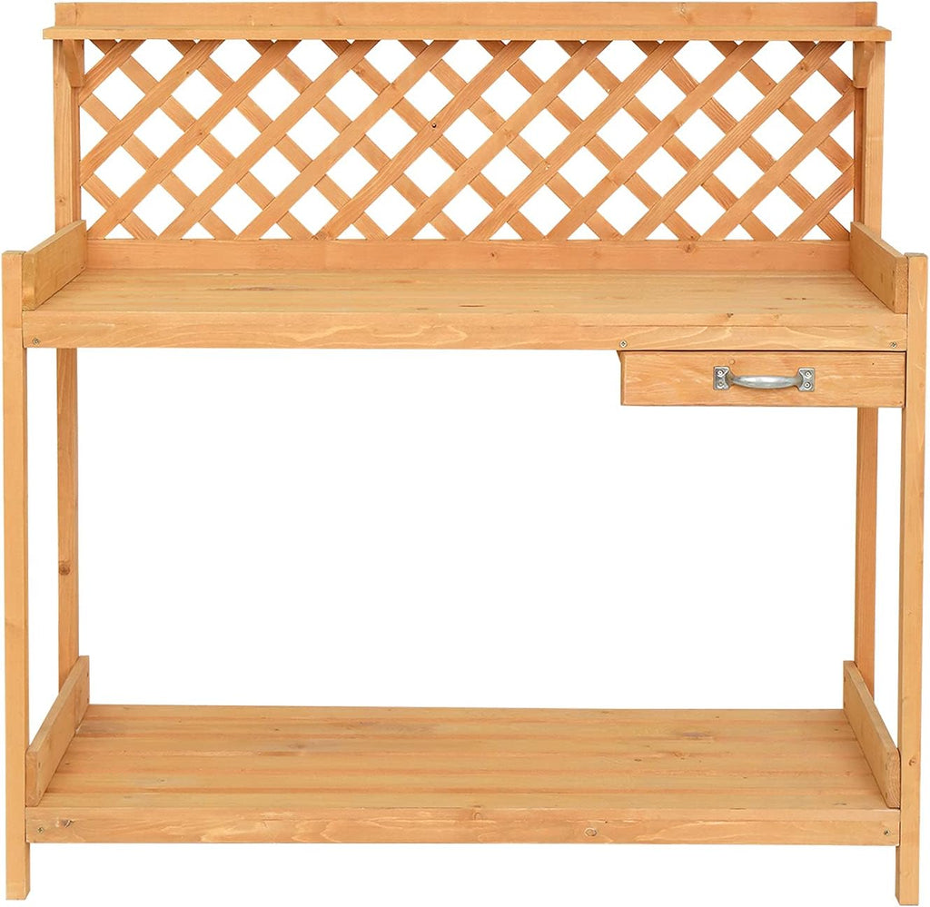 Outdoor Garden Potting Bench, Wooden Workstation Table w/Cabinet Drawer, Open Shelf, Lower Storage
