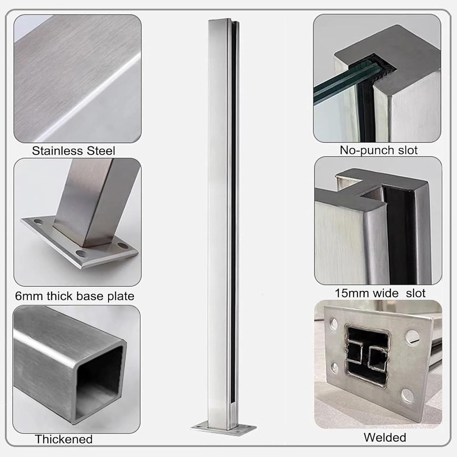 Silver Glass Balustrade Post End Middle Corner Post, 304 Stainless Steel Black Glass Railing Post with Spigot Slots & Sturdy Base for Steps, Balcony, Stairway, Deck, Patio Stairs(End Post,70cm/27.5in)