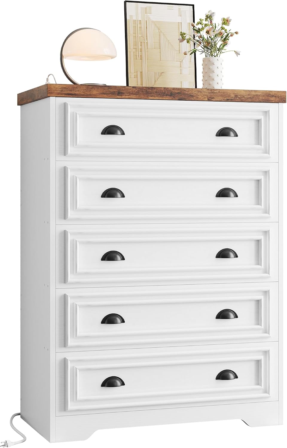 LIKIMIO 5-Drawer 43' Tall Dresser with Built-in Charging Station - Farmhouse Style Bedroom Storage Cabinet, Brown & White