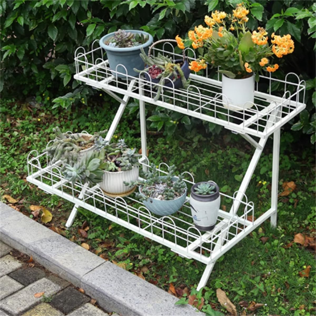 Trapezoidal Floor-Standing Flower Stand, Heavy-Duty Metal Plant Stand,Multi-Layer Storage Rack, Kindergarten Decorative Rack,Garden Potting Benches & Tables,for Courtyard Garden Balcony,White