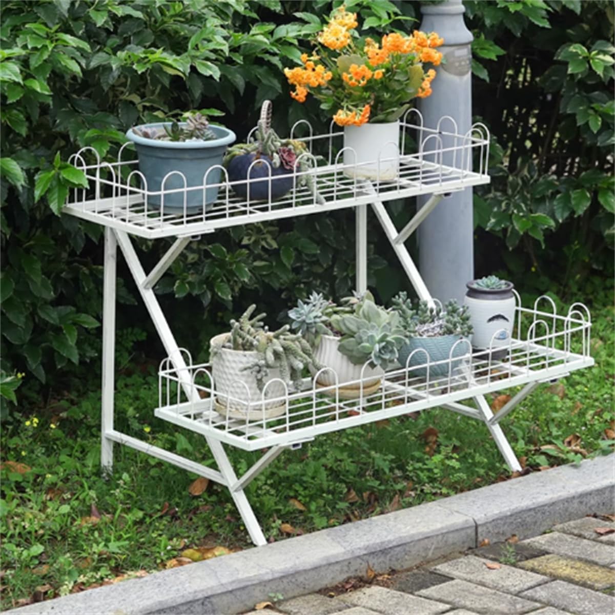 Trapezoidal Floor-Standing Flower Stand, Heavy-Duty Metal Plant Stand,Multi-Layer Storage Rack, Kindergarten Decorative Rack,Garden Potting Benches & Tables,for Courtyard Garden Balcony,White