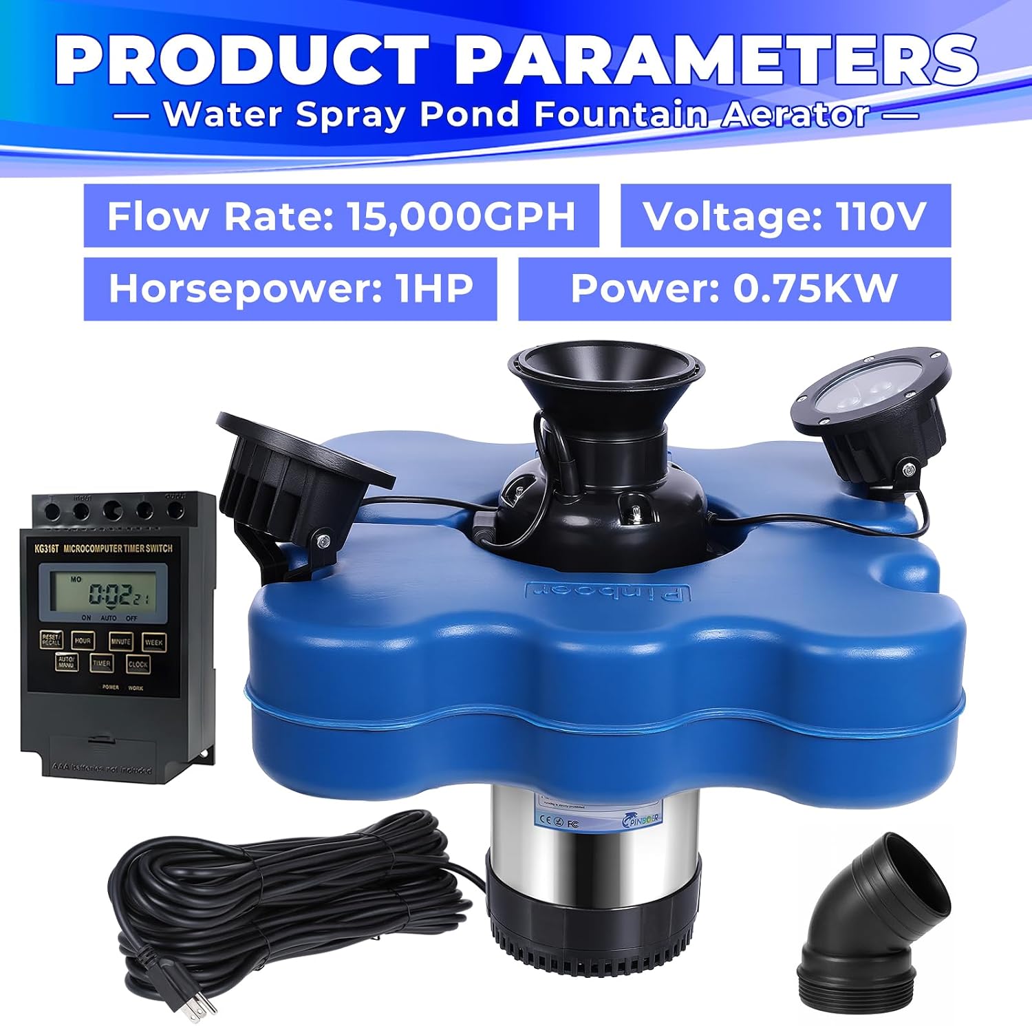 Pond Fountain Aerator with Led Lights RGB-15000 GPH,110V 1HP 750W Floating Fountain Aeration for Large Ponds,Aerating Fountain Pump for Outdoor Ponds & Lakes with 15A/100FT Power Cord