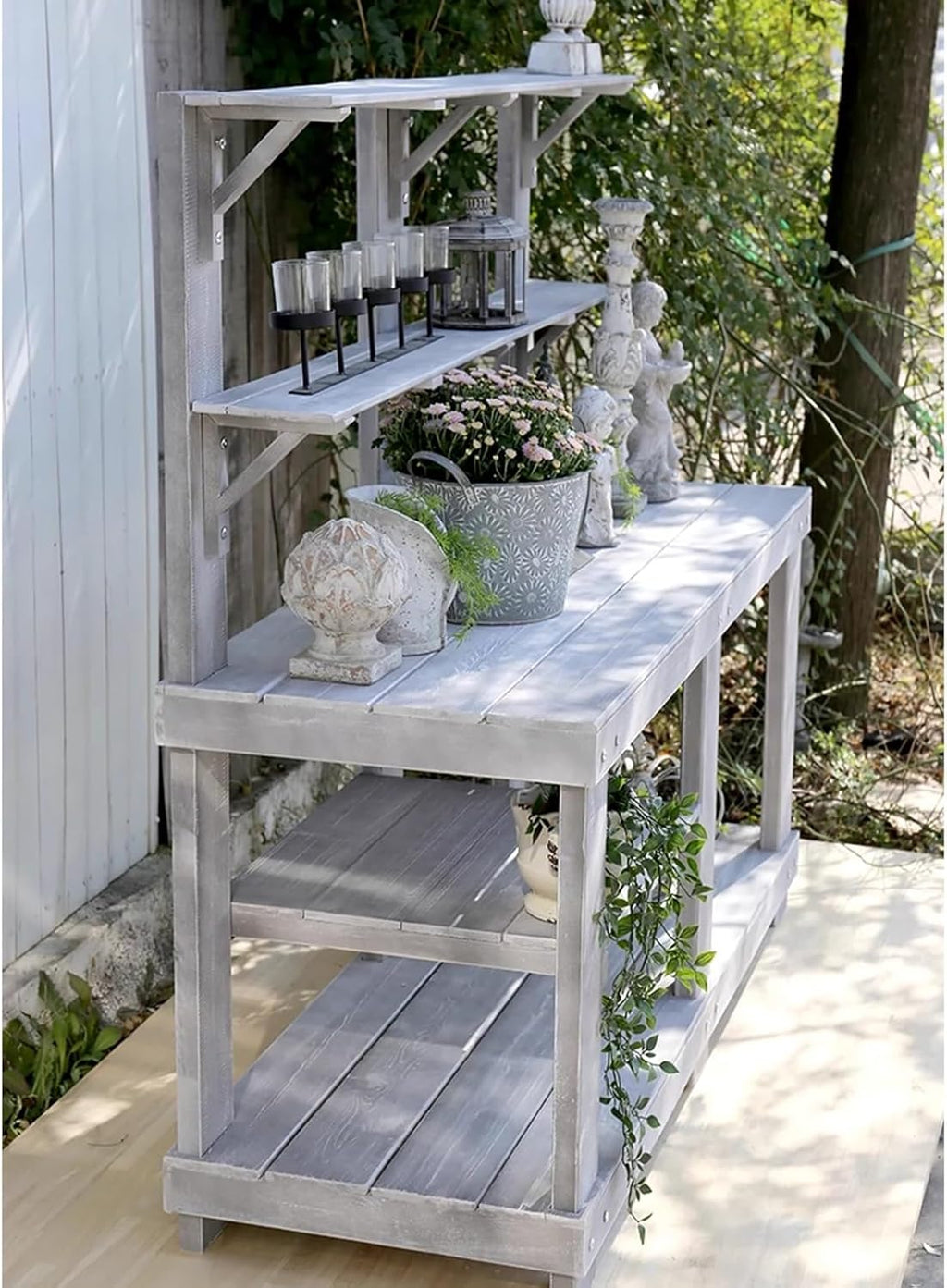 Outdoor Potting Bench Table, Large Horticulture Work Table with Storage Shelf, Wooden Potting Table for Garden Patio Backyard (Color : Gris)