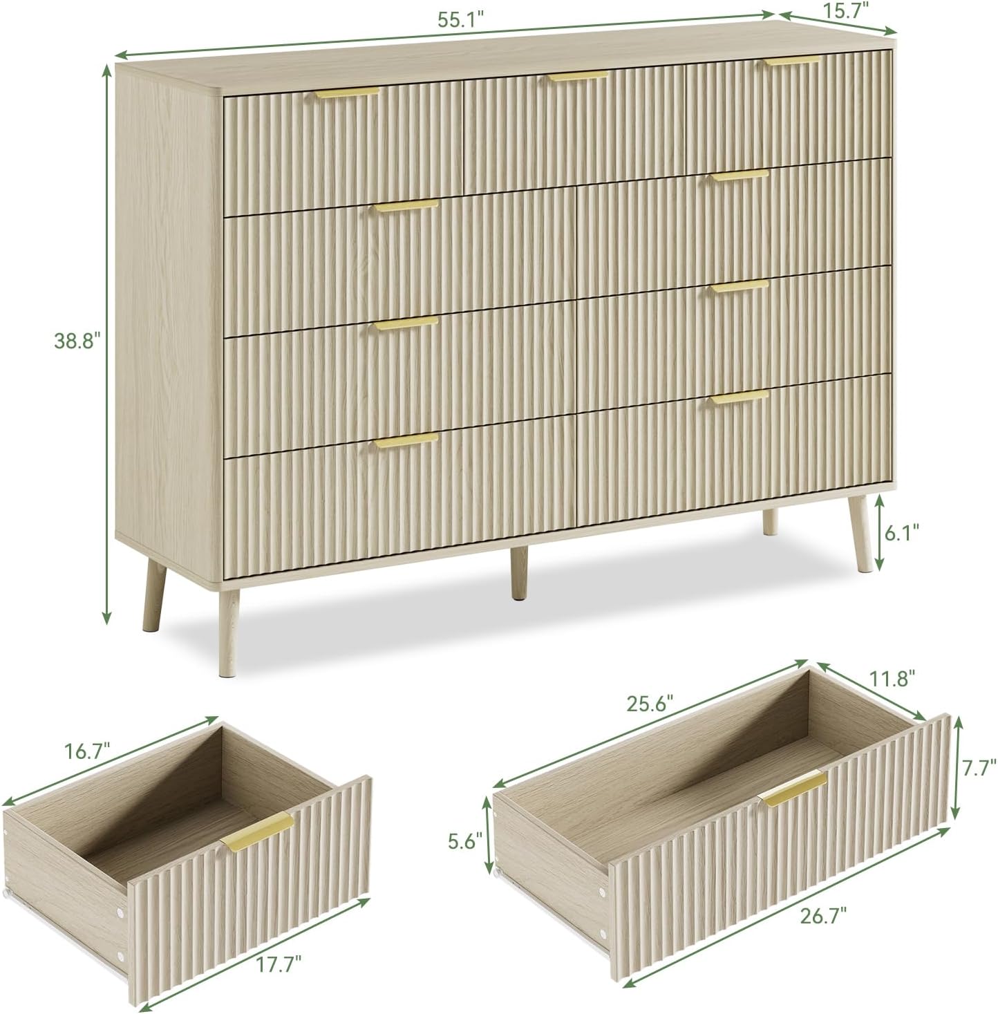 LYNSOM Fluted 9 Drawer Dresser for Bedroom, 55' Wide Modern Chest of Drawers with Curved Profile Design and Metal Handles, Wood Dresser TV Stand & Storage Organizer for Bedroom, Hallway, Beige