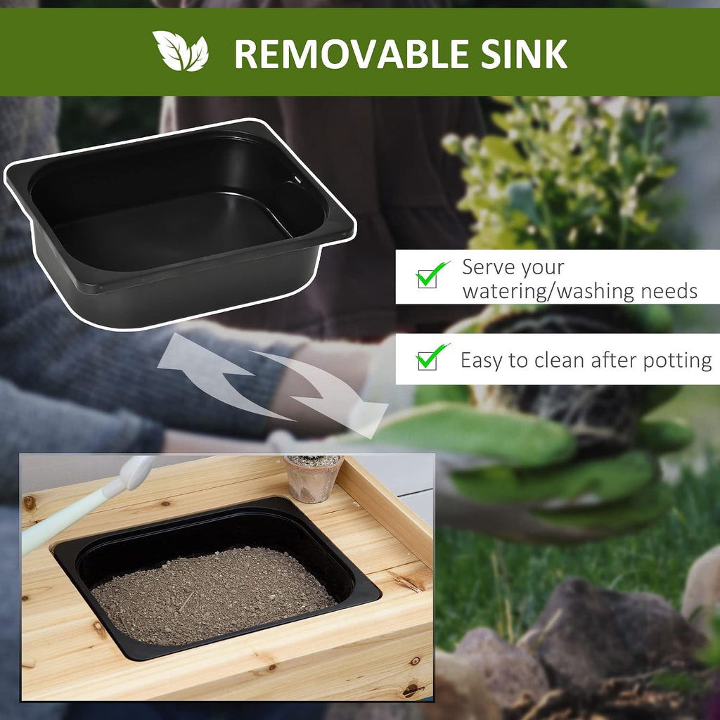 Potting Bench Table, Garden Work Bench, Workstation with Metal Sieve Screen, Removable Sink, Additional Hooks and Baskets for Patio, Courtyards, Balcony, Natural