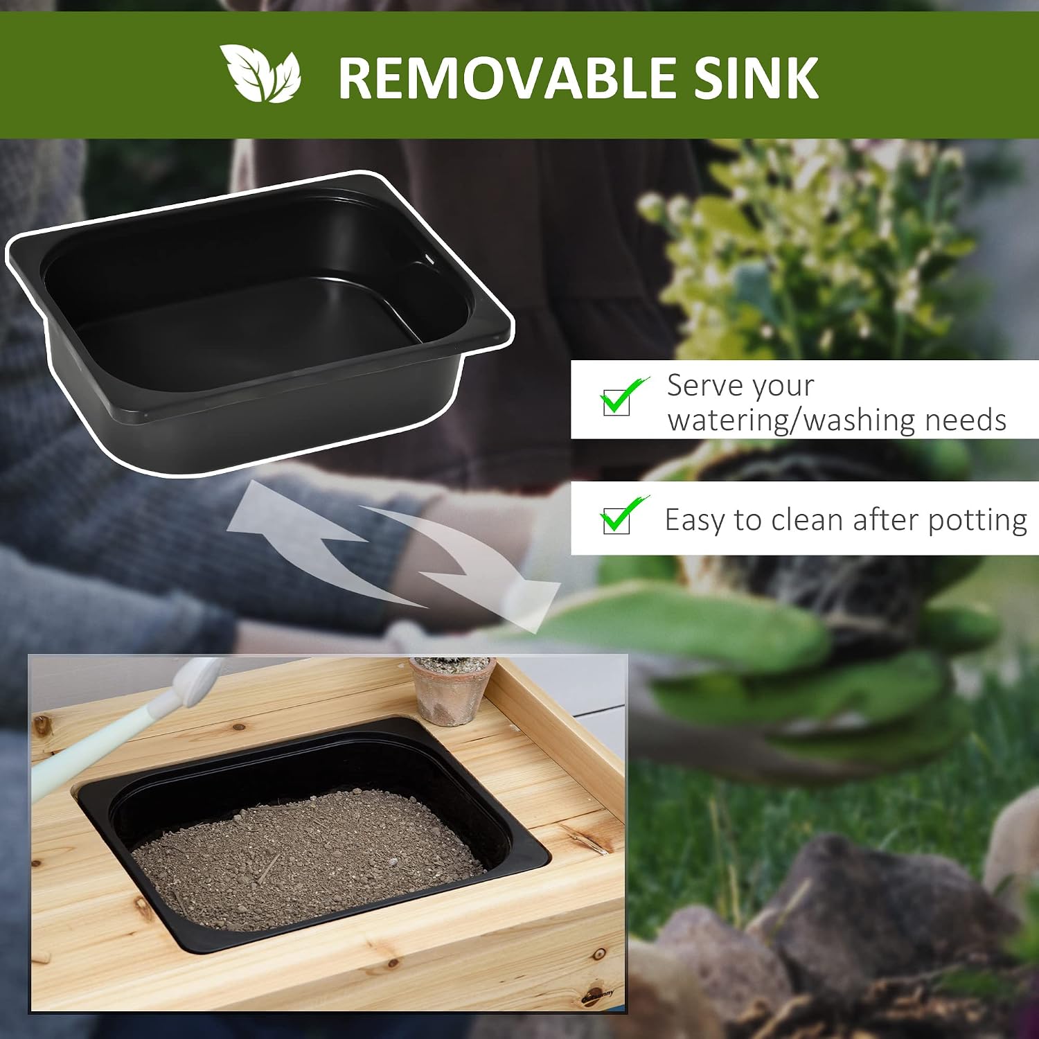 Potting Bench Table, Garden Work Bench, Workstation with Metal Sieve Screen, Removable Sink, Additional Hooks and Baskets for Patio, Courtyards, Balcony, Natural