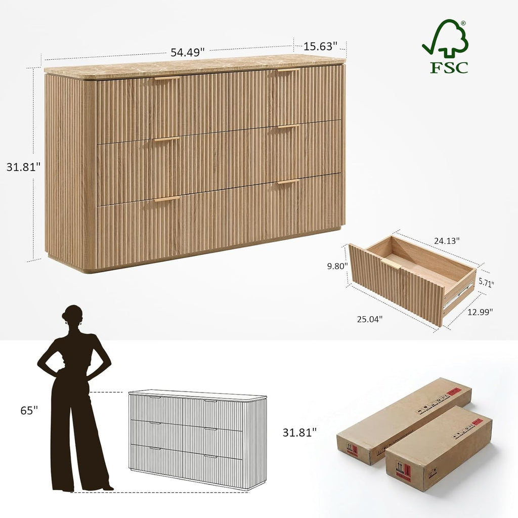 Dresser for Bedroom with 6 Drawers, 54'W Chest of Drawers, Fluted Dresser with Faux Marble Top, Curved Profile Design, Metal Handle, Wood Closet Storage Organizer for Living Room, Hallway, Natural Oak