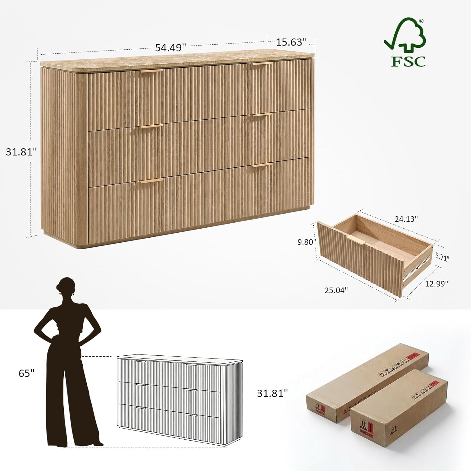 Dresser for Bedroom with 6 Drawers, 54'W Chest of Drawers, Fluted Dresser with Faux Marble Top, Curved Profile Design, Metal Handle, Wood Closet Storage Organizer for Living Room, Hallway, Natural Oak