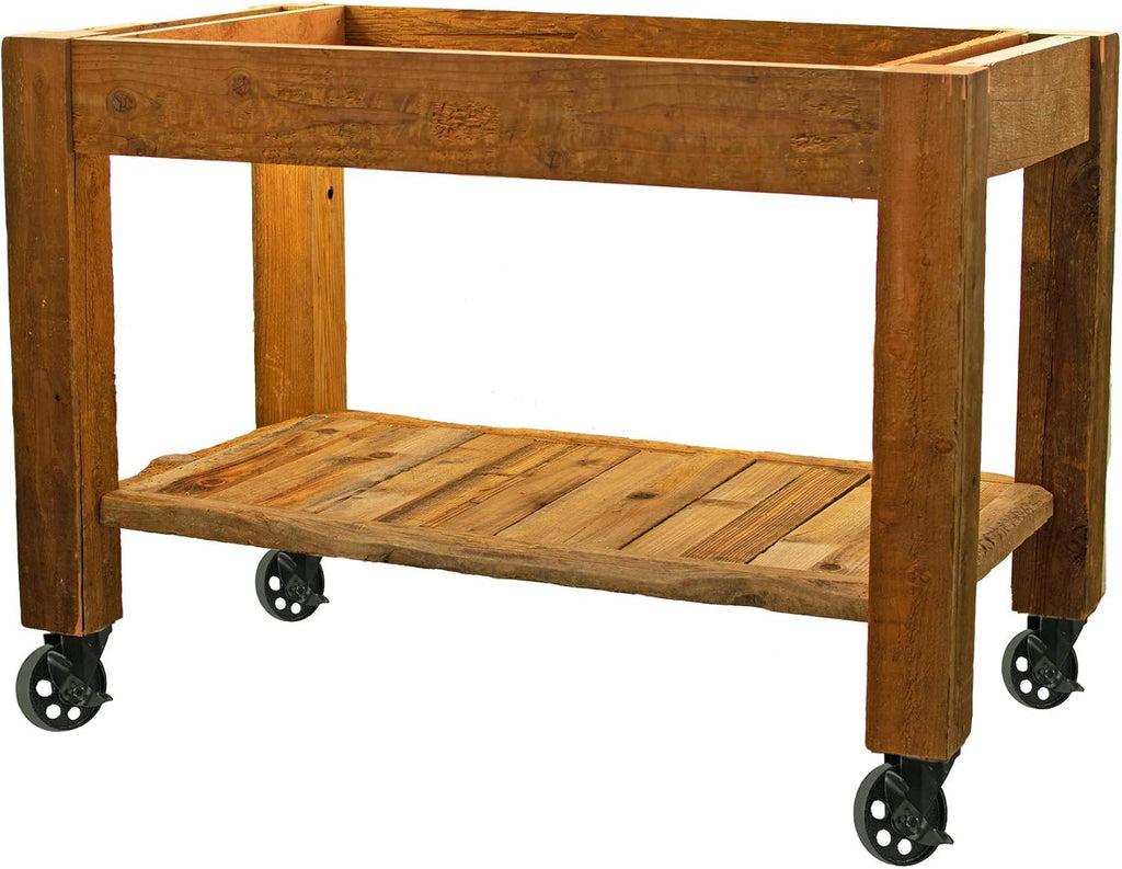 Potting Bench with Hardware Hooks & Towel Bar - Buffet Table Island Workbench Outdoor Patio Garden Furniture Wood Rolling Cart & Zinc Table-Top w/Black Iron Castors & Brakes (5in Black Caster)