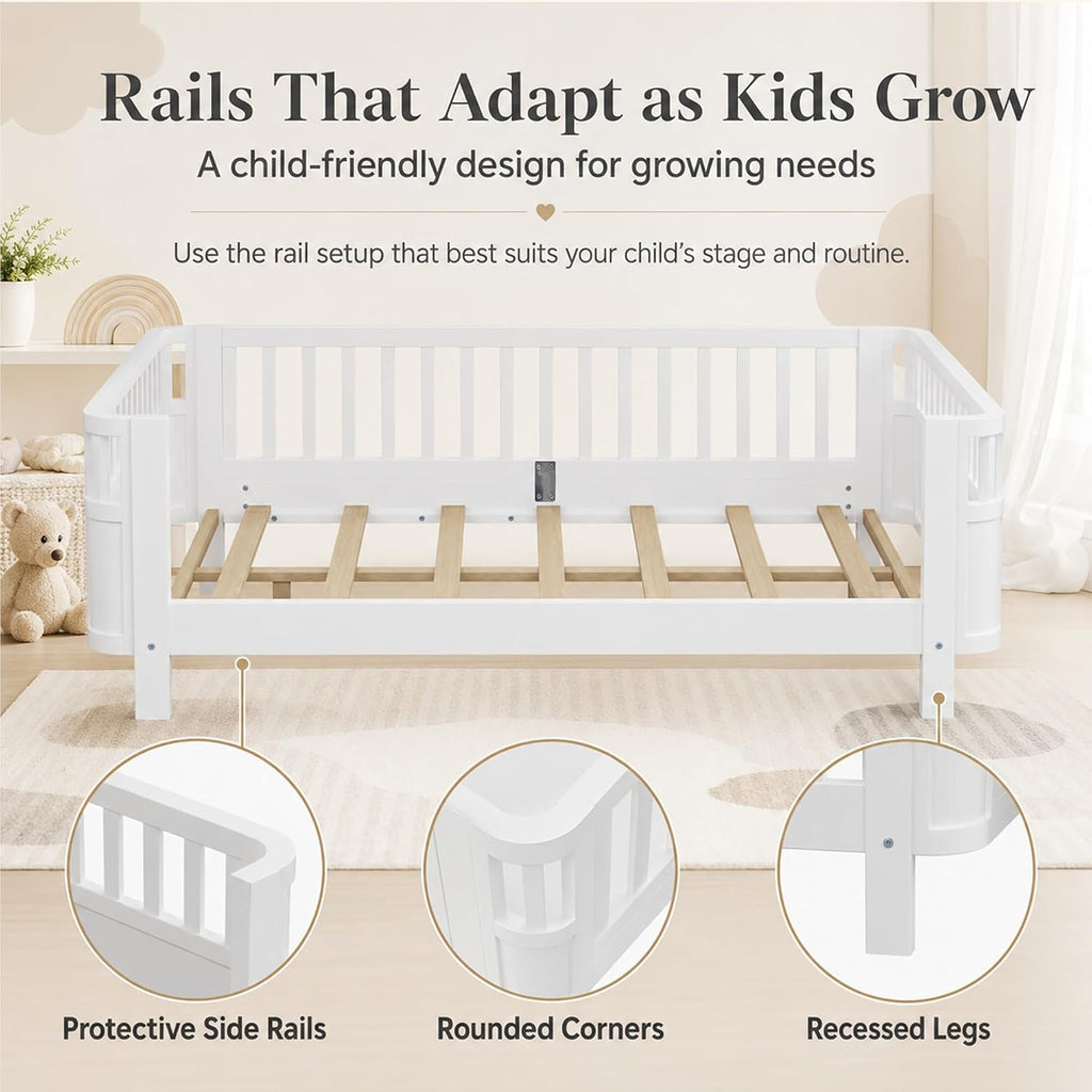 Full Size Kids Bed Frame, Low Profile Montessori Bed Full with Rails, Wood Daybed for Girls & Boys, No Spring Box Required, No Squeaks, White