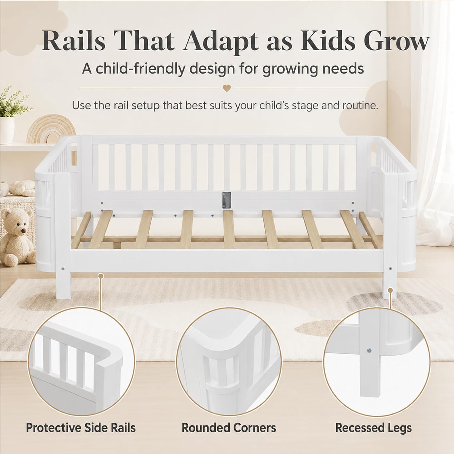 Full Size Kids Bed Frame, Low Profile Montessori Bed Full with Rails, Wood Daybed for Girls & Boys, No Spring Box Required, No Squeaks, White