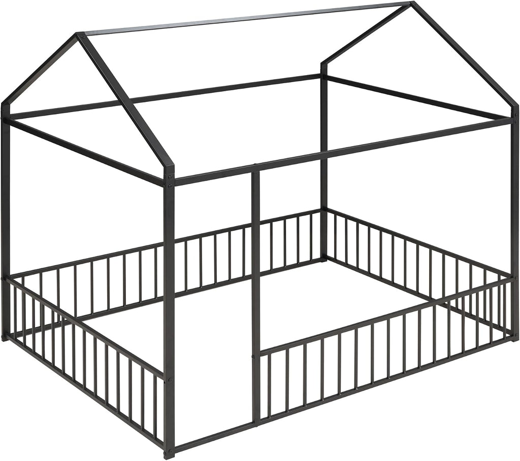 Bellemave Full Size House Floor Bed with Rails and roof, Metal House Bed for Kids, Montessori Floor Beds for Kids, Black