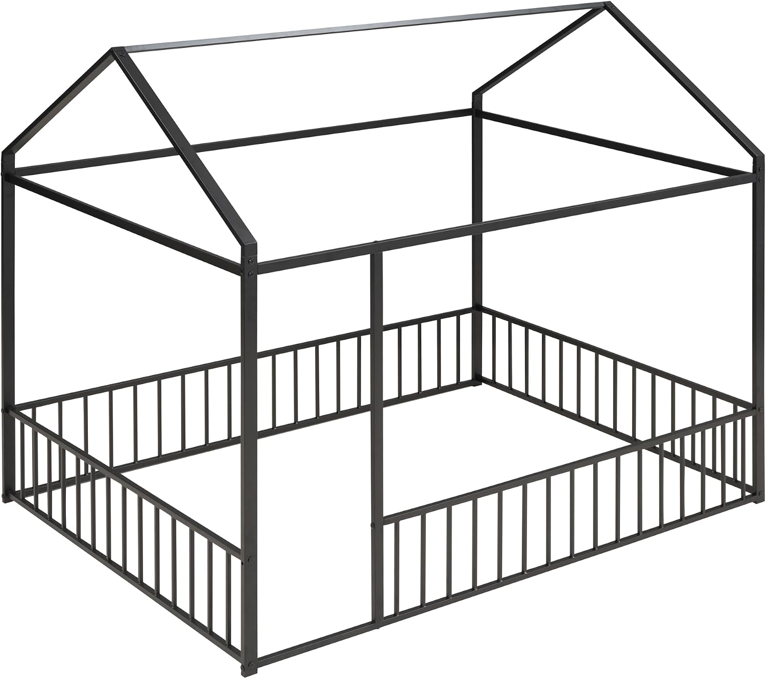 Bellemave Full Size House Floor Bed with Rails and roof, Metal House Bed for Kids, Montessori Floor Beds for Kids, Black