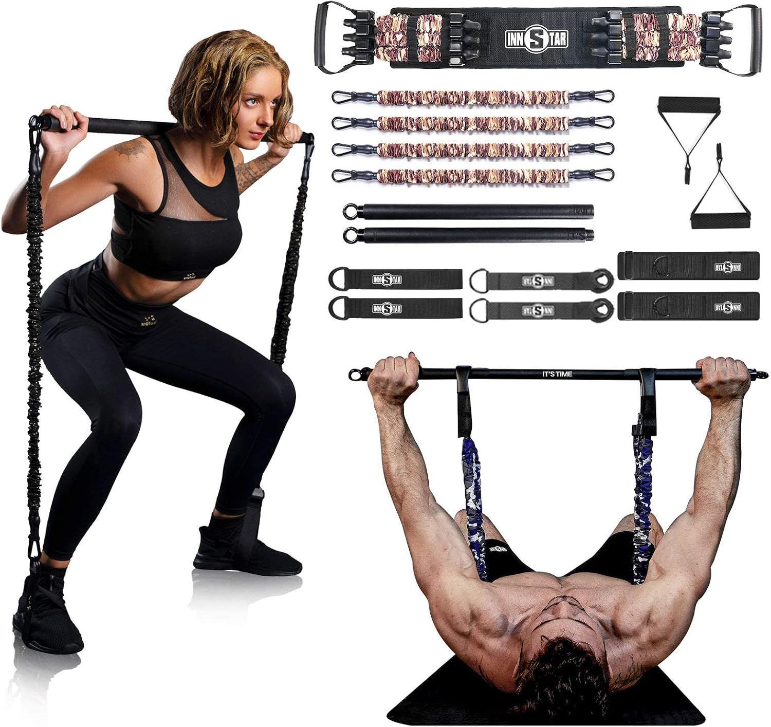 INNSTAR Portable Home Gym Set with Workout Bar, Bench Press Set, Squat Resistance Band, Door Anchor and More-Full Body Workout Equipment to Build Muscle and Shape Body
