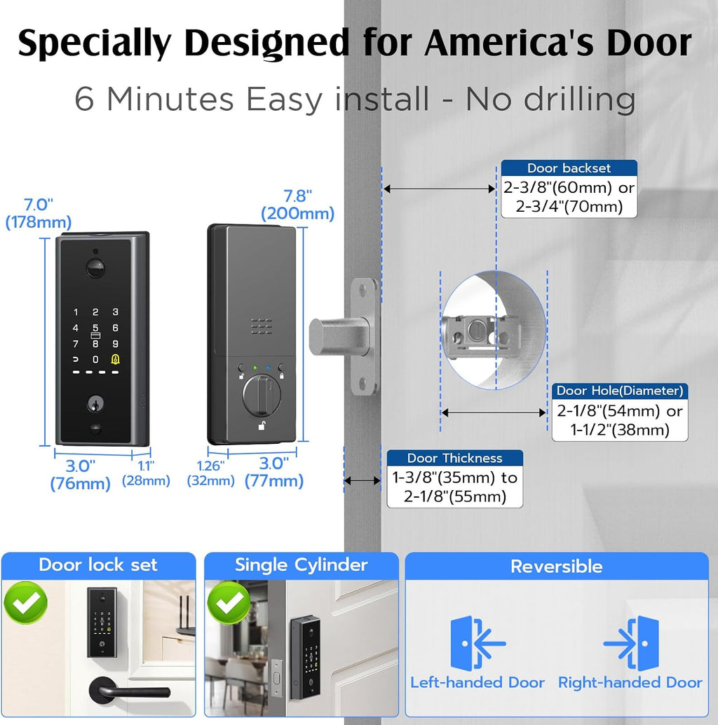 WiFi Door Lock with Camera- Video Doorbell, Deadbolt Smart Lock with RFID Fingerprint Keypad Code, Electronic Digital Biometric Keyless Entry Smart Lock for Front Door