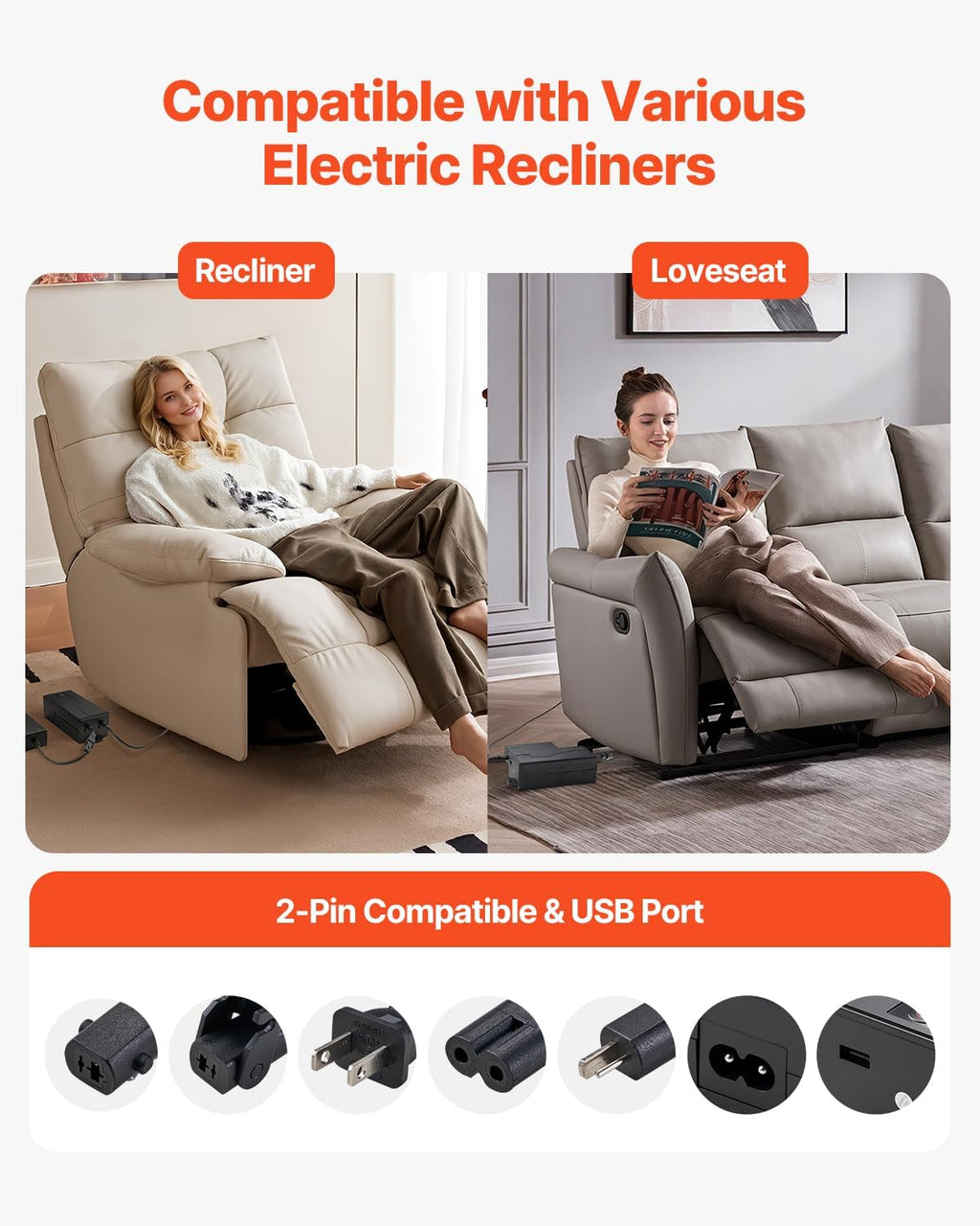 VEVOR 5000 mAh Battery Pack for Reclining Furniture with Adapter, Rechargeable Recliner Battery Kit with Universal 2-Pin Connector and LED Screen, for Recliner, Sectional, Couch, Sofa & Lift Chair