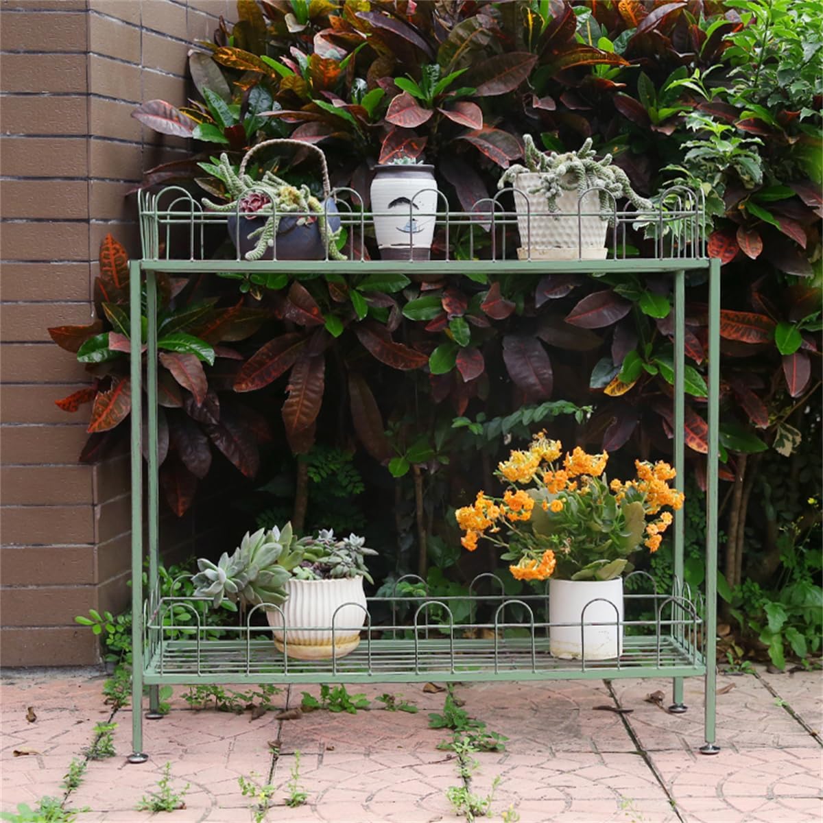 Outdoor Garden Potting Bench Table, 2 Tier Metal Plant Stand with fence,Heavy Duty Metal Shelves,Plant Shelf for Indoor Outdoor,Metal Outdoor Plant Stand Holder Rack,for Balcony and Garden ,Green