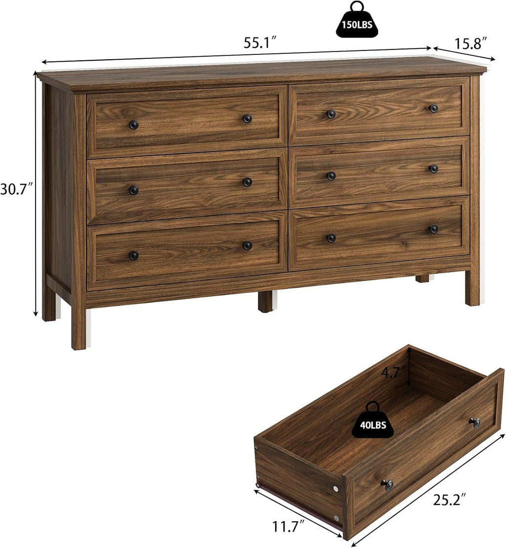 CARPETNAL 55' Walnut Dresser for Bedroom, 6 Drawer Dresser with Wide Drawer and Metal Handles, Wood Dressers & Chests of Drawers for Hallway, Entryway.