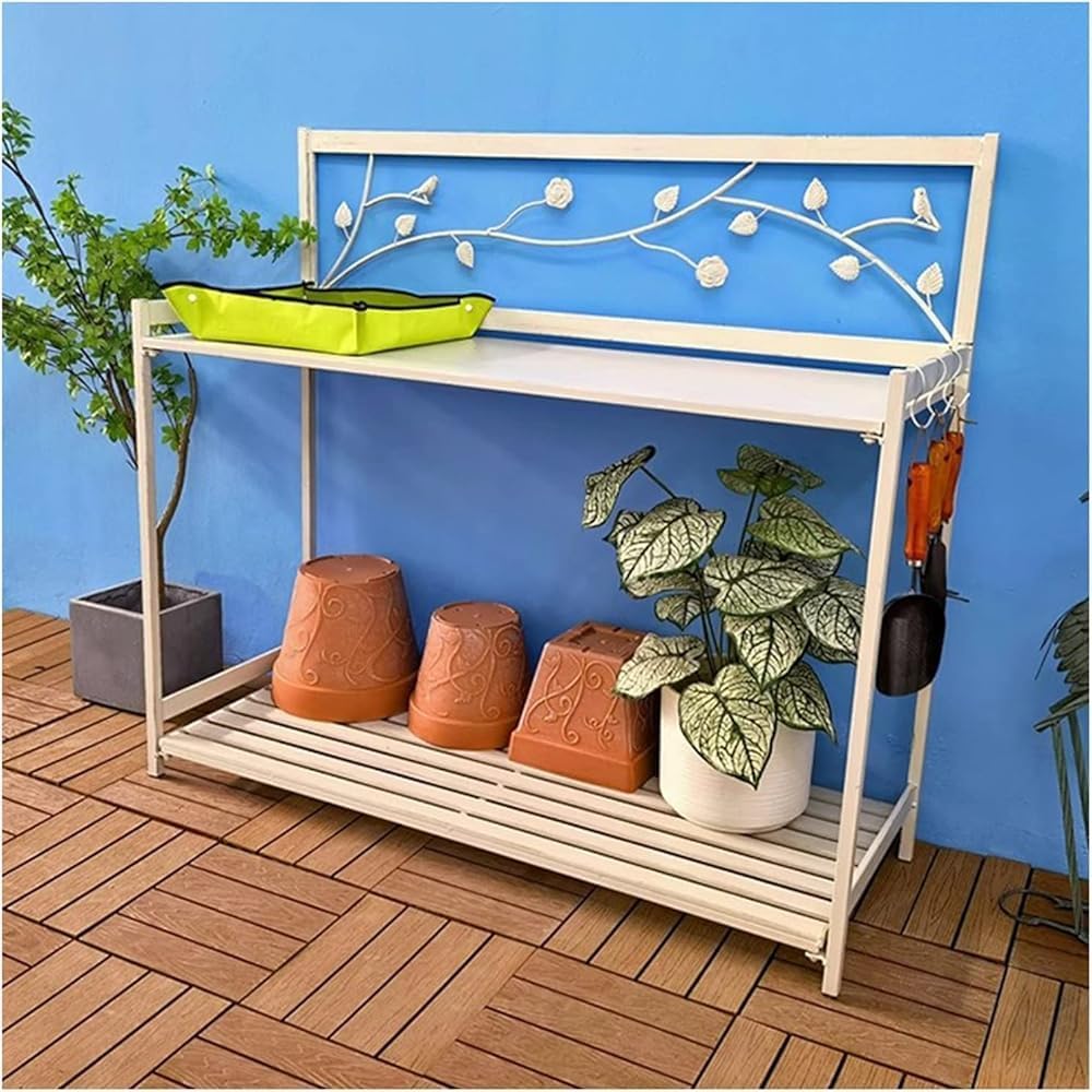 Outdoor Patio Metal Potting Table with 2- Tier Open Shelf, Potting Bench, Garden Work Station Table for Planting (Color:White)