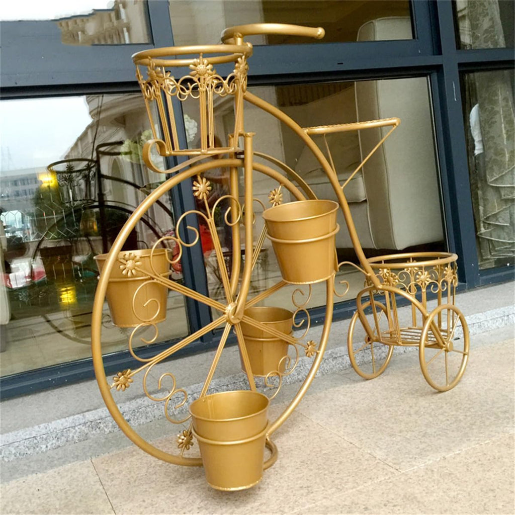 Moveable Plant Shelf for Indoor Outdoor,Heavy Duty Metal Multiple Plant Rack Holder,Creative European Style Bicycle Iron Flower Stand,Outdoor Garden Potting Bench Table,for Patio, Balcony,Gold