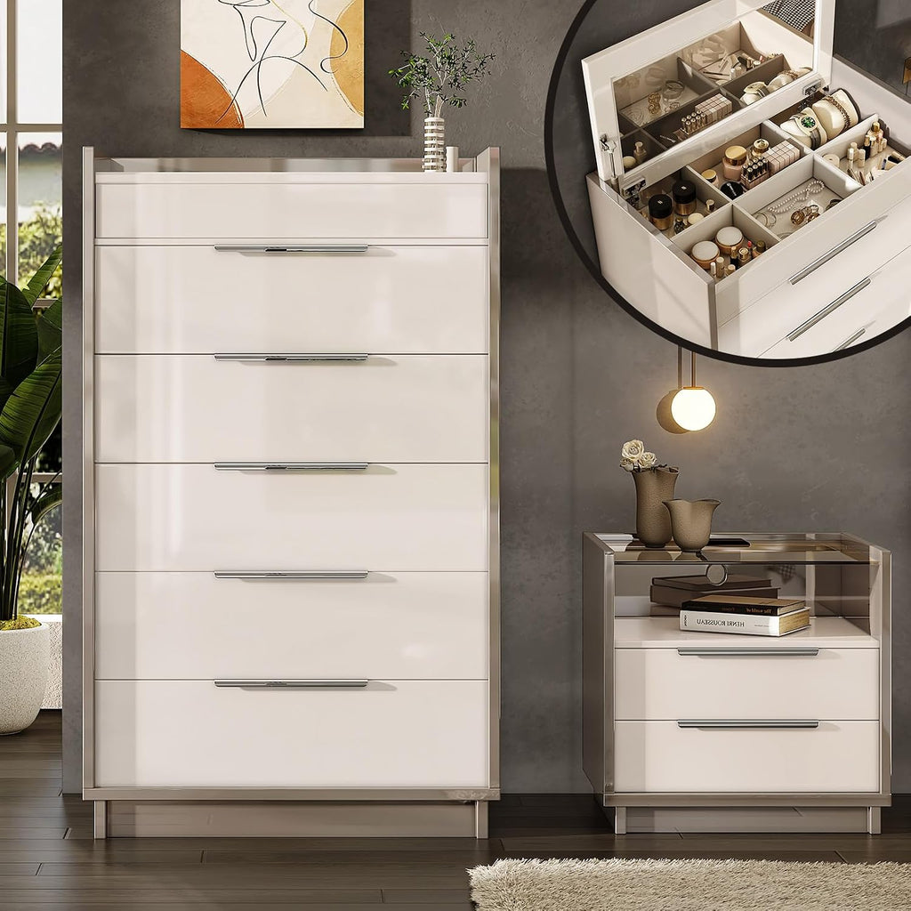 AMERLIFE 5-Drawer Chest with Glass Tabletop, Storage Dresser Organizer with Inside Mirror & Lift Top Dresser for Bedroom, Cream&Grey