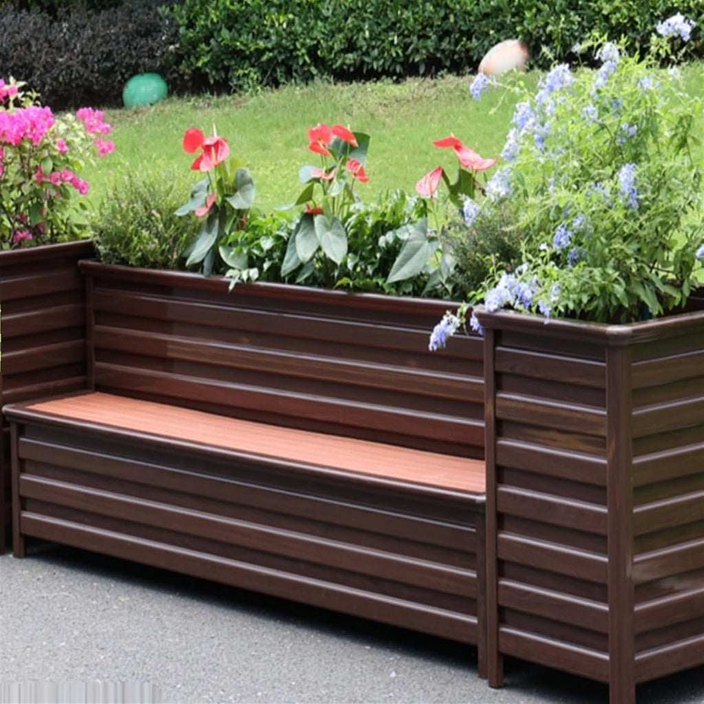 Bench with Planter Box, Outdoor Planter Benches Outdoor Bench Wooden Raised Garden Bed with Planter Box, Large Wood Planter Bench Deck Plant Box for Porch, Patio, Garden, Brown Garden Bench