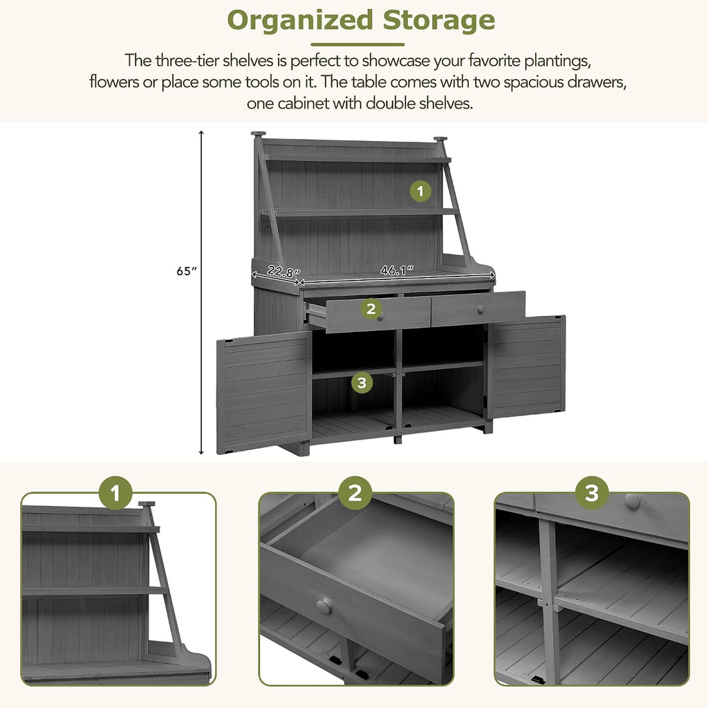 LUMISOL Garden Potting Bench Table, Fir Wood Workstation with Storage Shelf, Drawer and Cabinet, Grey