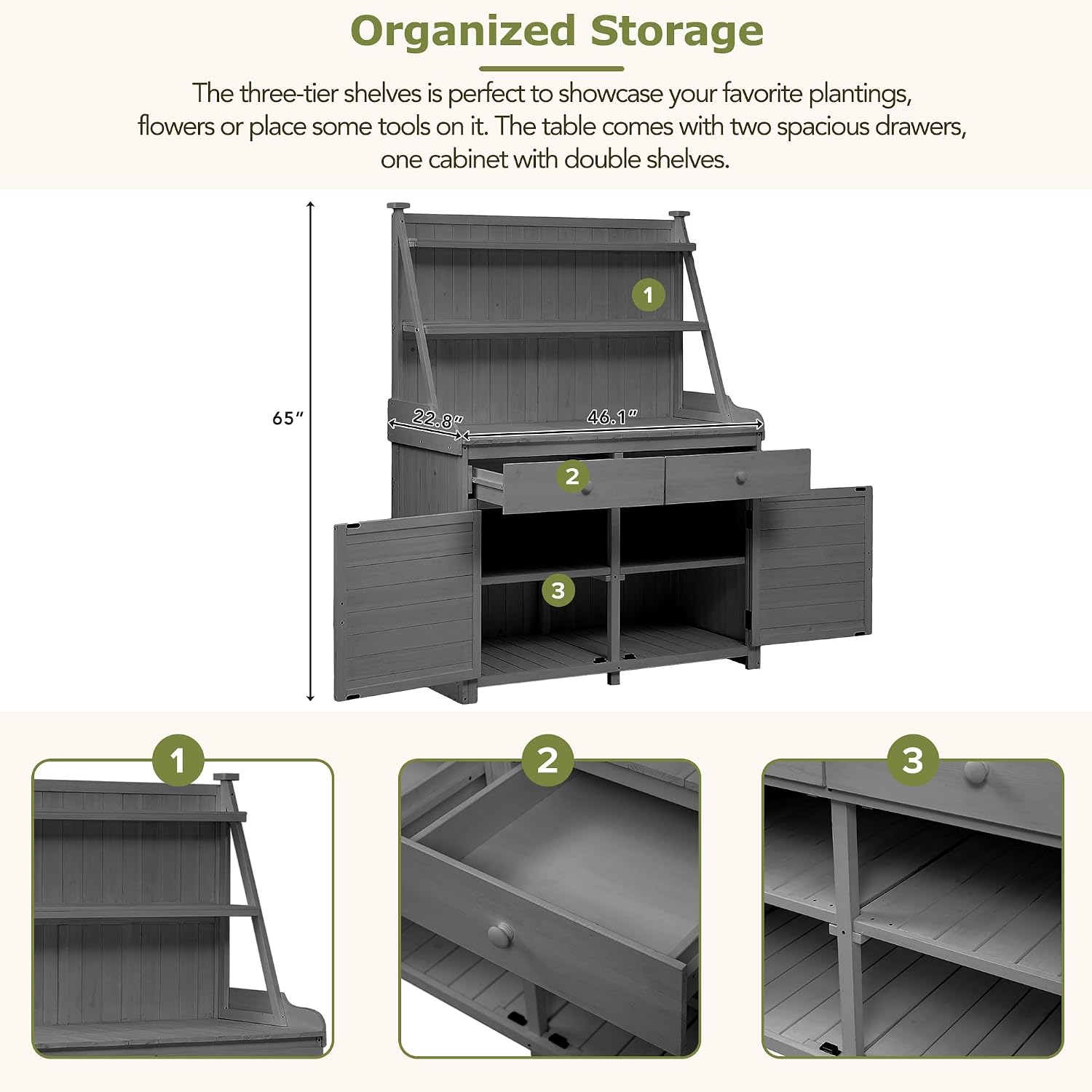 65inch Outdoor Potting Bench Table, Fir Wood Large Gardening Workstation with 2 Drawers, Cabinet and Open Storage Shelves for Garden, Patio and Backyard (Gray, 65inch)