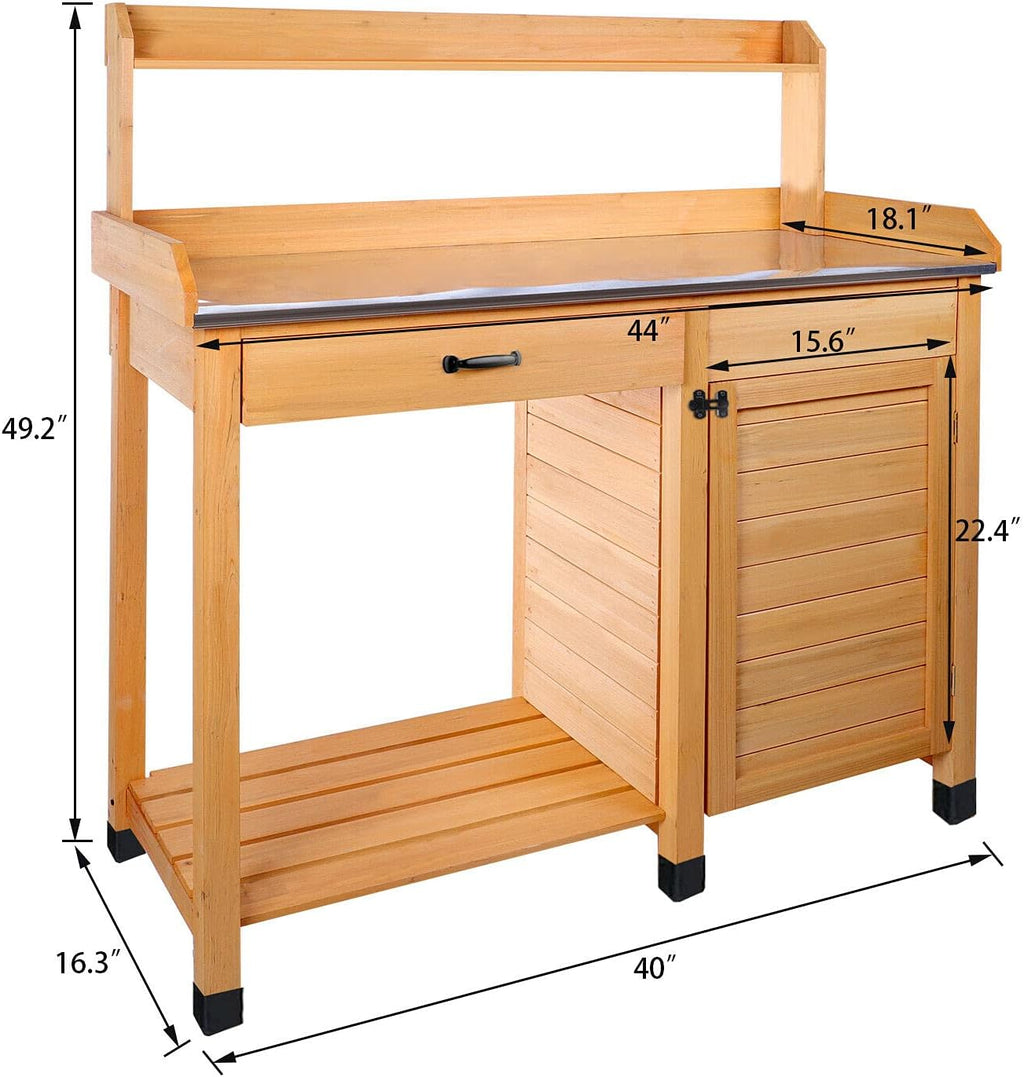 Multi-Purpose Wooden Potting Bench Table Garden Work Planting Furniture with Shelf Sink Drawer Outdoor Storage Room Patio Balcony, Natural Wood color, 44x18.1x49.2 inches (LxWxH)