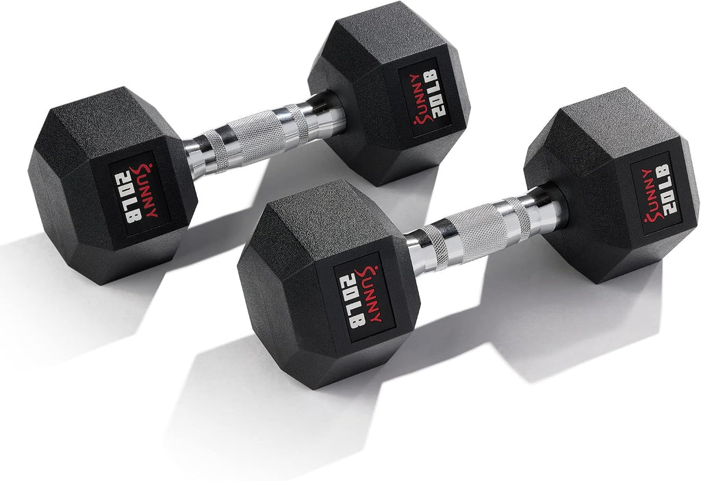 Sunny Health & Fitness Hex Style Dumbbell 5 LBS TO 50 LBS Chrome Handles, Hand Weight for Strength Training, Home Gym, Exercise, Workout Equipment Multiple Size Options