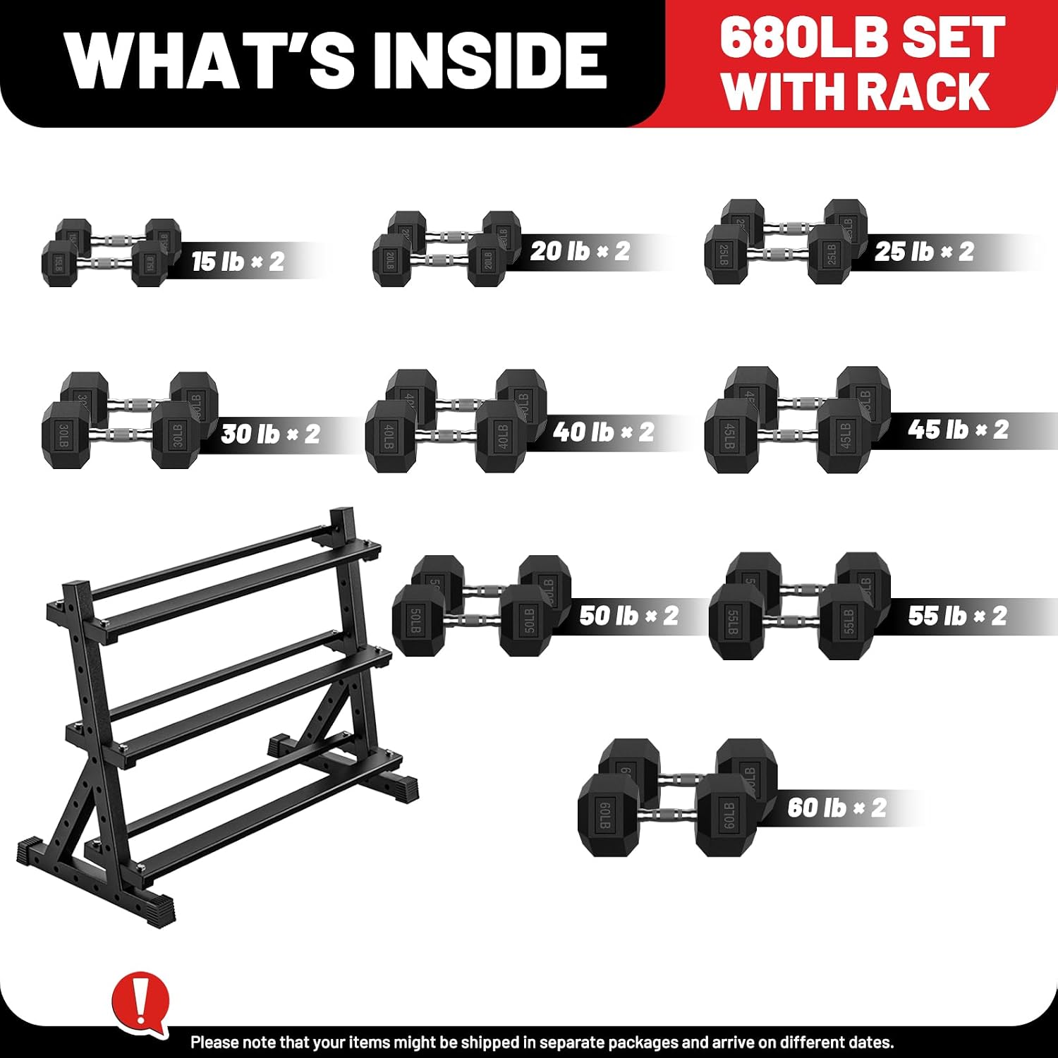 PAPABABE Hex Dumbbell Set with Rack, Rubber Encased Free Weight with Weight Storage Racks, Multiple Weight Options for Home Gym and Fitness