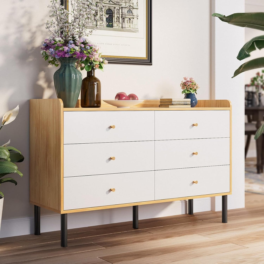 LYNSOM Dresser for Bedroom, 6 Drawer Natural Wood Dresser with Wide Drawer and Metal Handles, Modern Dressers & Chests of Drawers for Hallway Entryway