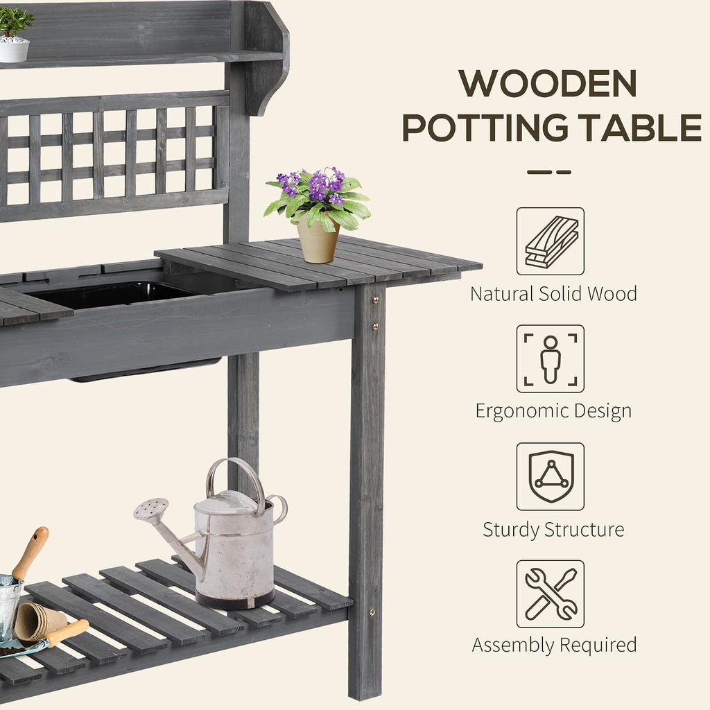 Garden Potting Bench Table Outdoor, Wood Workstation with Storage Shelf and Dry Sink, Multi-Purpose Organizer for Patio, Backyard, Porch, Gray