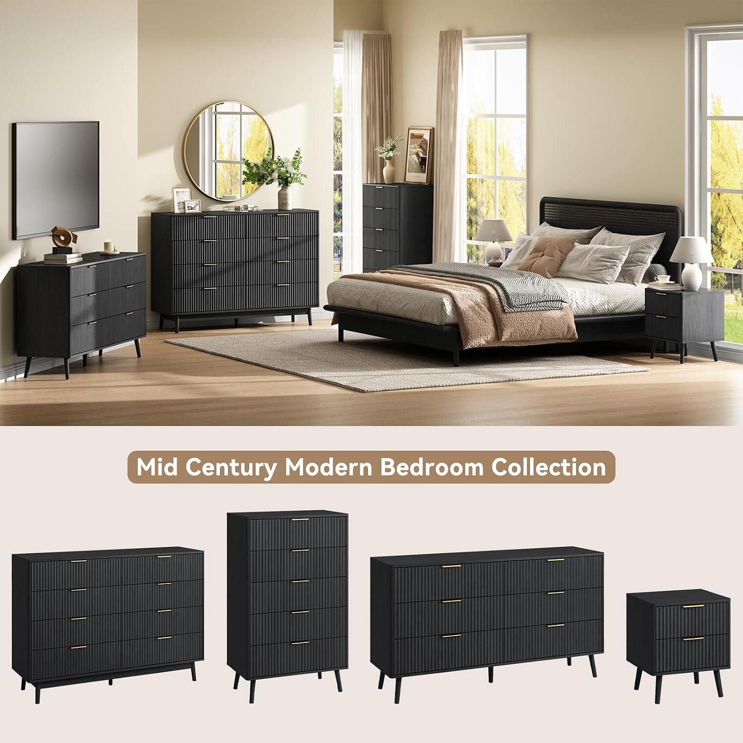 CARPETNAL Fluted 8 Drawer Dresser for Bedroom, 55' Wide Wooden Chest of Drawers with Rounded Corners, Gold Handles, Modern Storage Organizer for Bedroom, Hallway(Black)