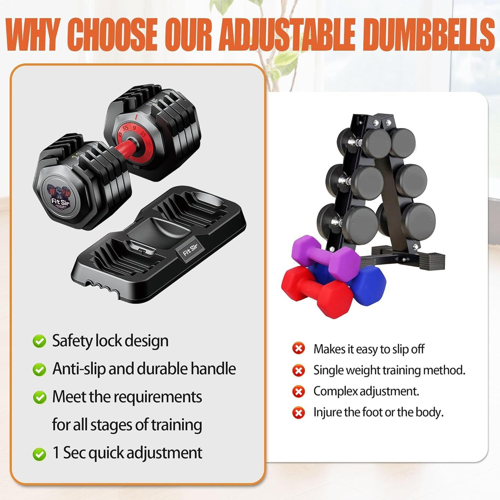 Adjustable Dumbbell Set, 10-in-1 25LB/55LB Ajustable Dumbbells with Safe Locking System, Enclosed Storage Tray, 1 Sec Fast Adjustment, Comfortable Non-Slip Textured Grip, Suitable for Home Gym Workouts Men and Women