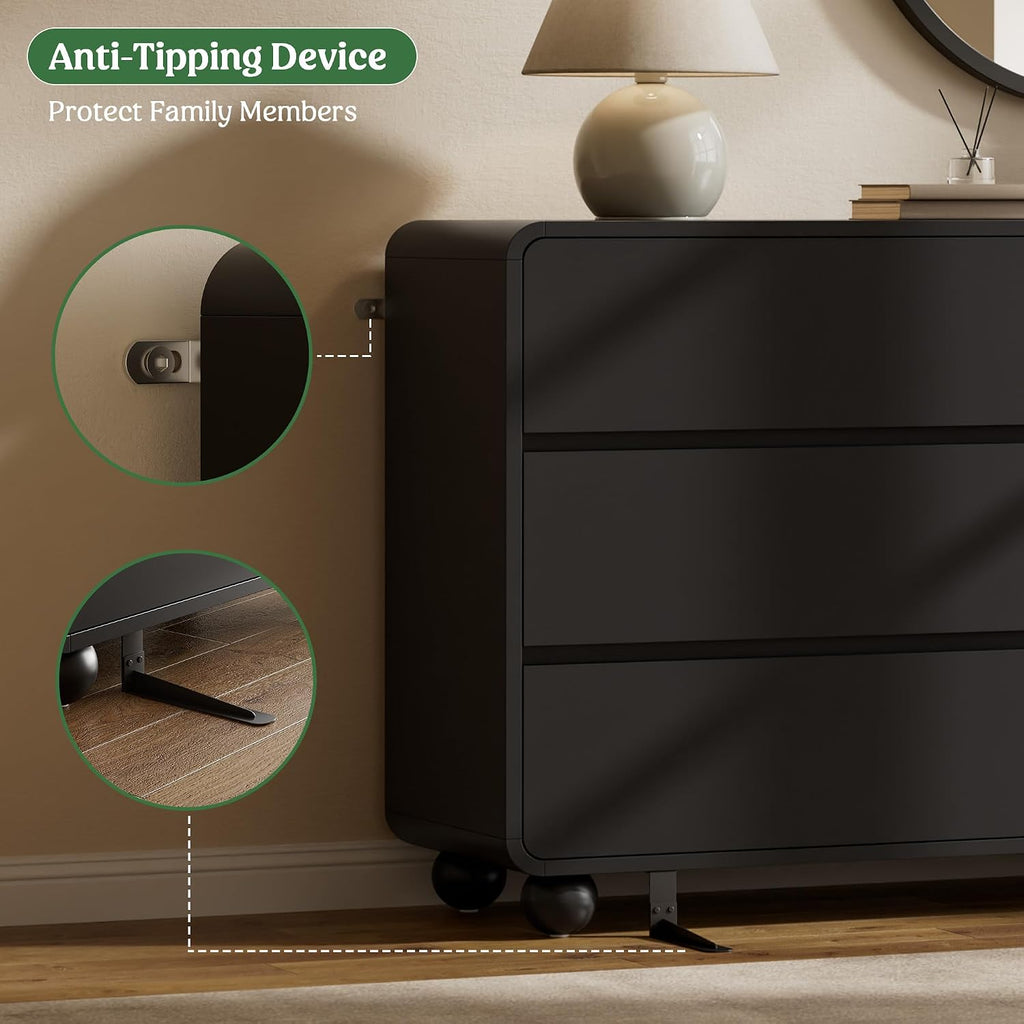 Lulive Wood Dresser for Bedroom, 53' Wide Chest of Drawers with 6 Drawers, Modern Closet Storage Drawer with Curved Profile Design for Living Room, Hallway, Entryway, Black