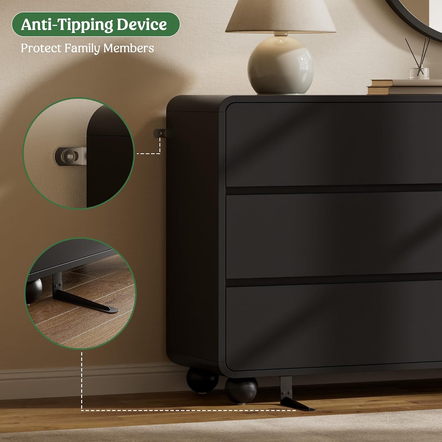 Lulive Wood Dresser for Bedroom, 53' Wide Chest of Drawers with 6 Drawers, Modern Closet Storage Drawer with Curved Profile Design for Living Room, Hallway, Entryway, Black