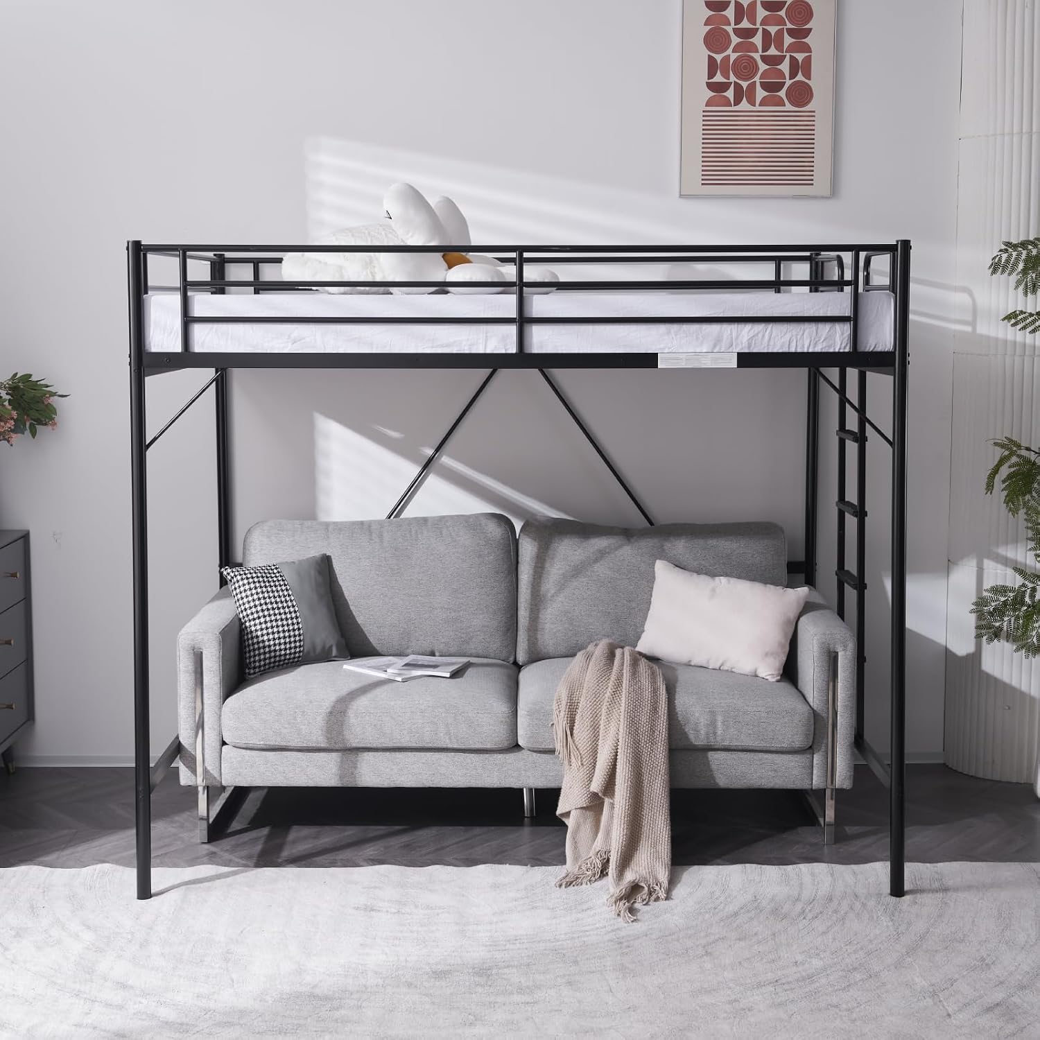 VINGLI Loft Bed Full Size with Flat Rungs for Adults, Kids and Young Teens, No Box Spring Required,Heavy Duty Metal Slat Support,Black