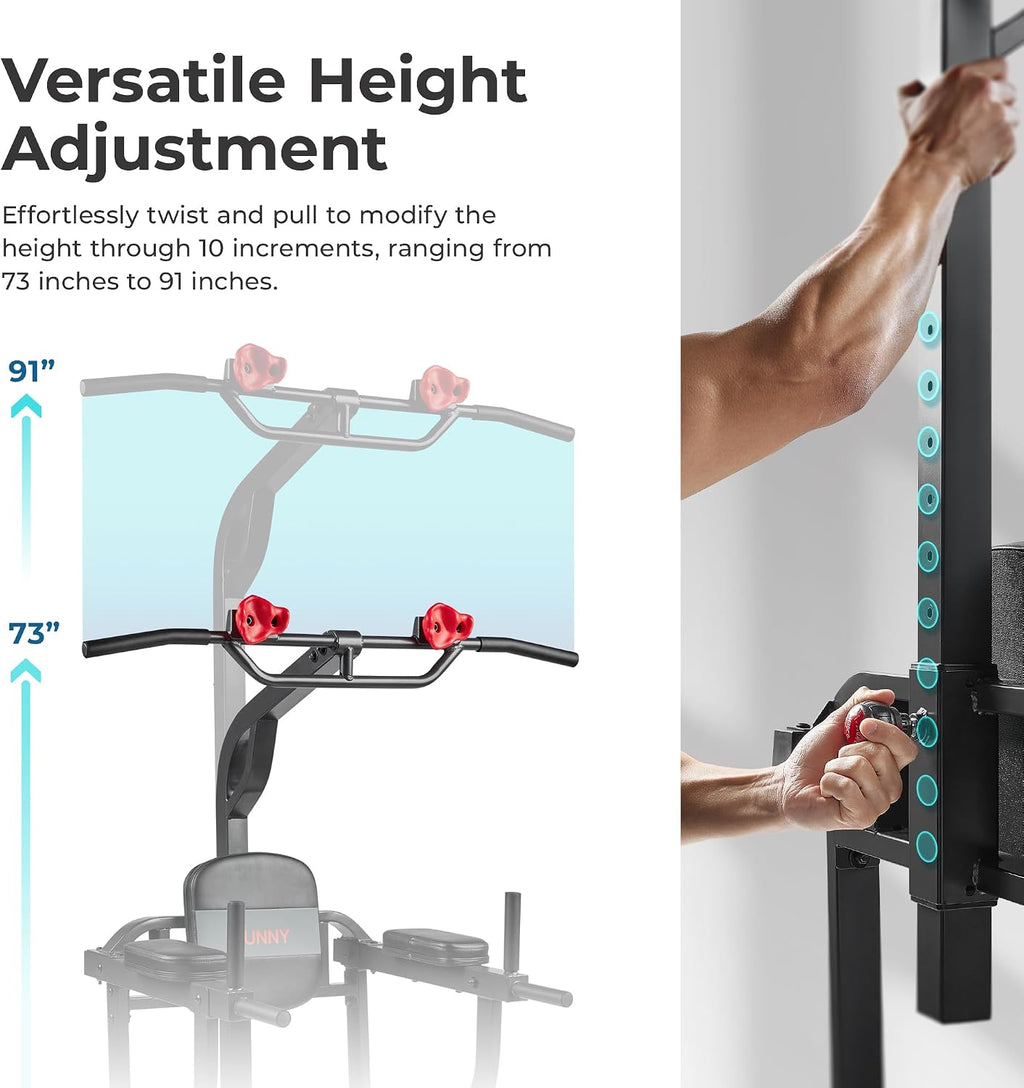 Sunny Health & Fitness Power Tower Dip Station & Pull-Up Bar, Multi-Function Strength Training Equipment with Captain's Chair, Push-Up Bars & Core Workout for Home Gym