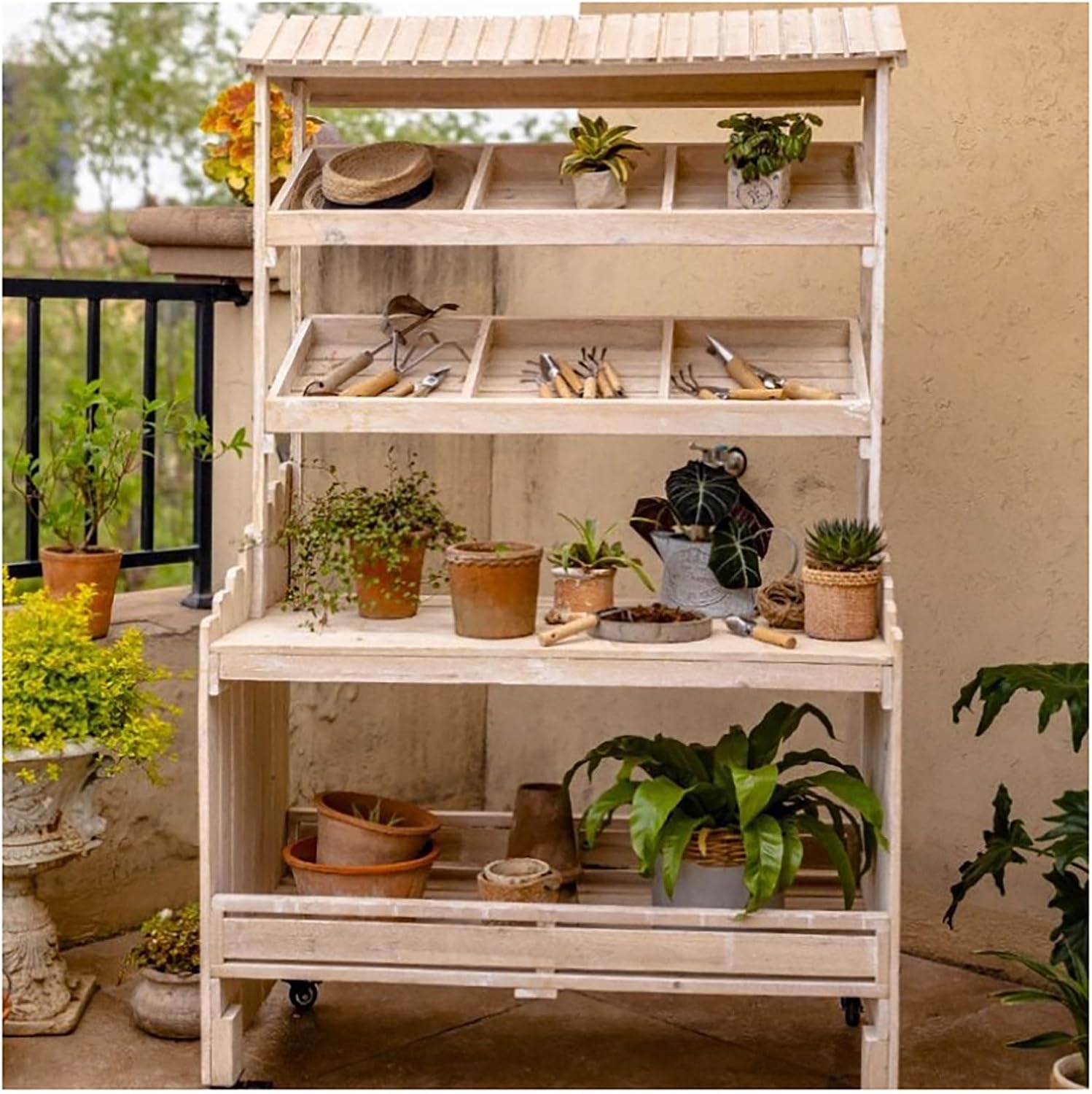 Potting Bench with Storage Wooden Garden Table Work Station Movable Wheels Open Shelf Lower Storage Outdoor Patio Workstation