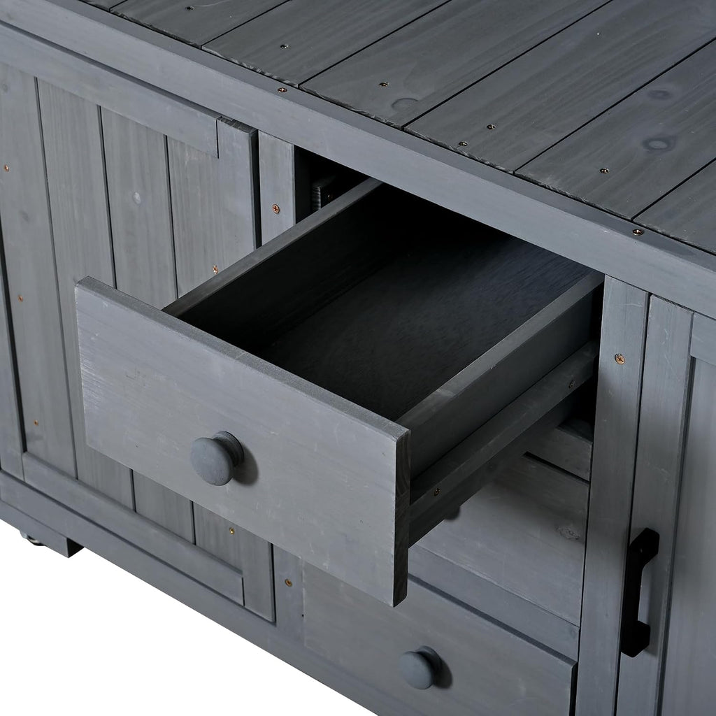 Garden Storage Potting Bench, Wood Outdoor Kitchen Island with Stainless Steel Top & Lockable Wheels Large Gardening Planting Table with Drawers Doors Hutch for Grilling Patio Lawn & Garden,Gray