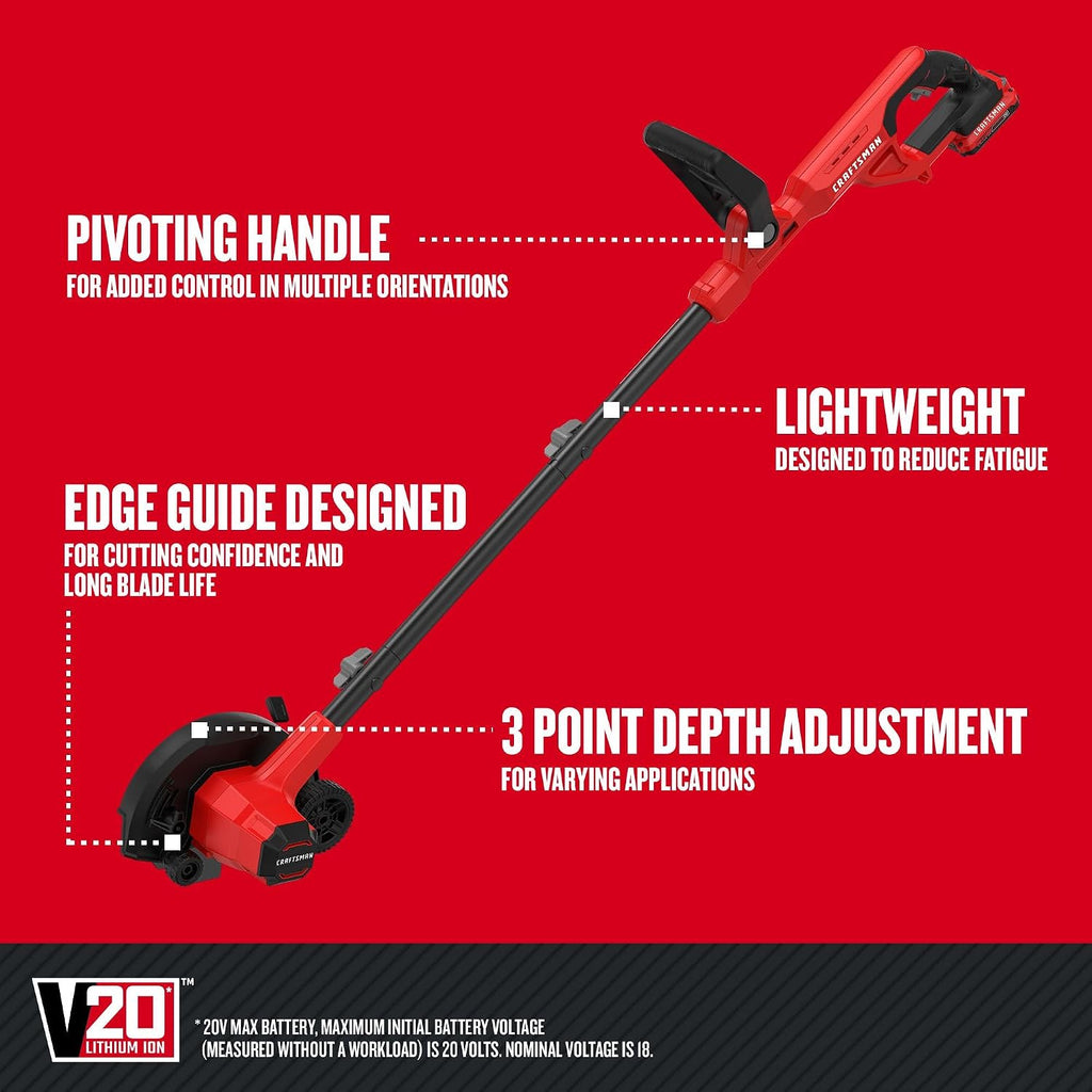 CRAFTSMAN Cordless Edger Lawn Tool, 20V MAX Battery, Charger and Blade Included, Lightweight Lawn Edger, 7.5 in Cutting Width, 1000 Ft of Edging per Charge (CMCED400D1)