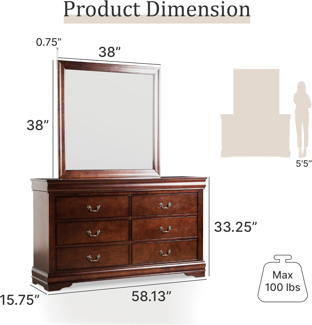 Furniture of America Louis Philippe Traditional Solid Wood 4 Piece Bedroom Set, Full Bed Frame, Nightstand, and Dresser with Mirror, Bedframe with Headboard and Footboard, Box Spring Needed, Cherry