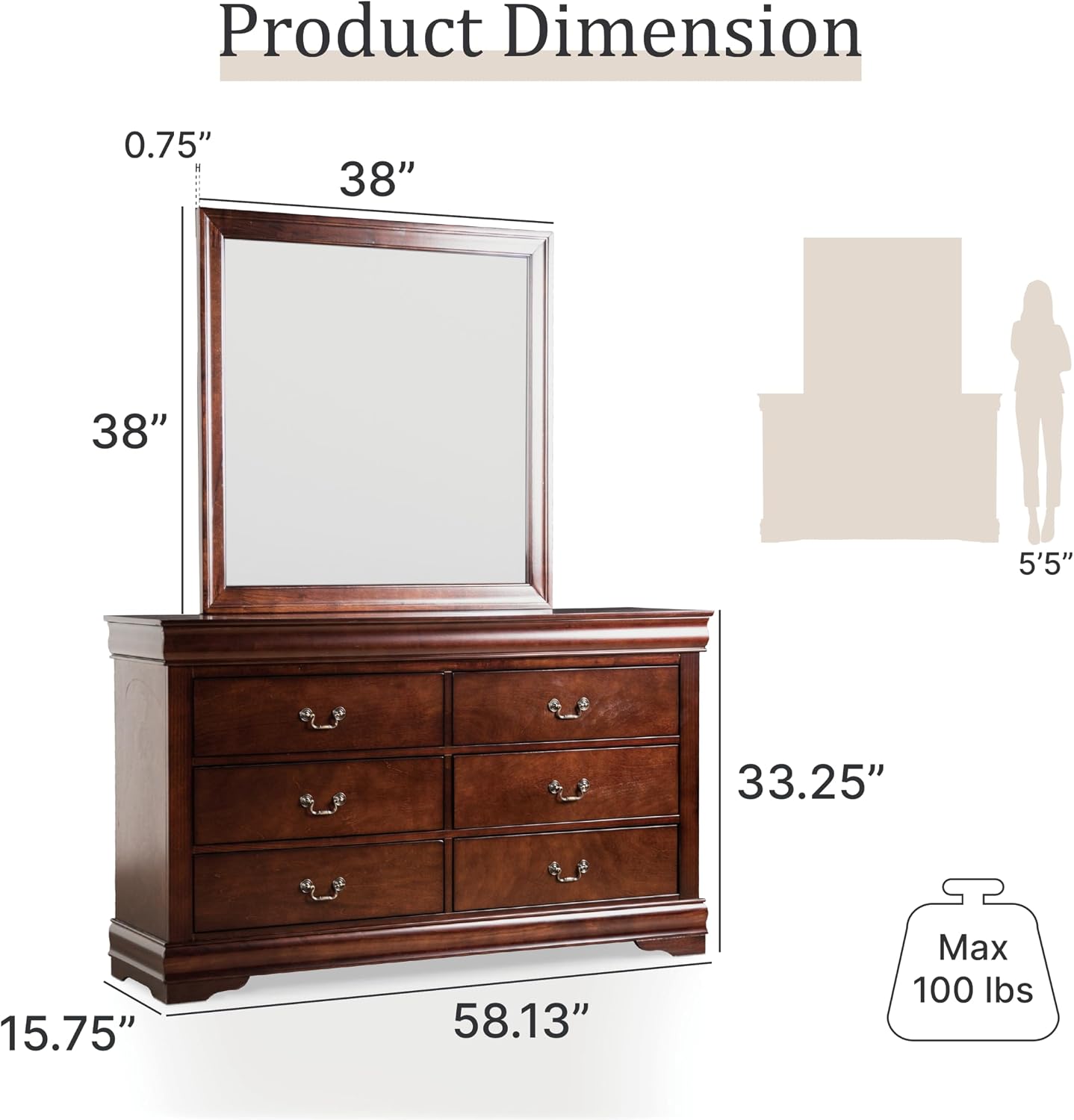 Furniture of America Louis Philippe Traditional Solid Wood 4 Piece Bedroom Set, Full Bed Frame, Nightstand, and Dresser with Mirror, Bedframe with Headboard and Footboard, Box Spring Needed, Cherry